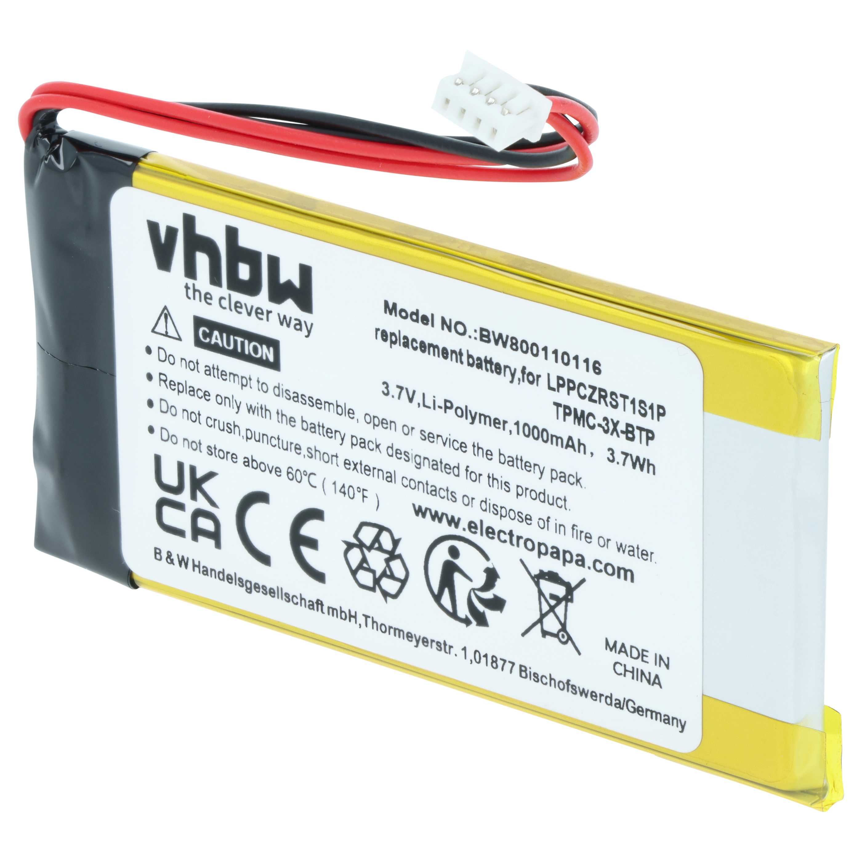 Remote Control Battery replaces Crestron LPPCZRST1S1P, TPMC-3X-BTP - 1000 mAh 3.7 V Li-polymer