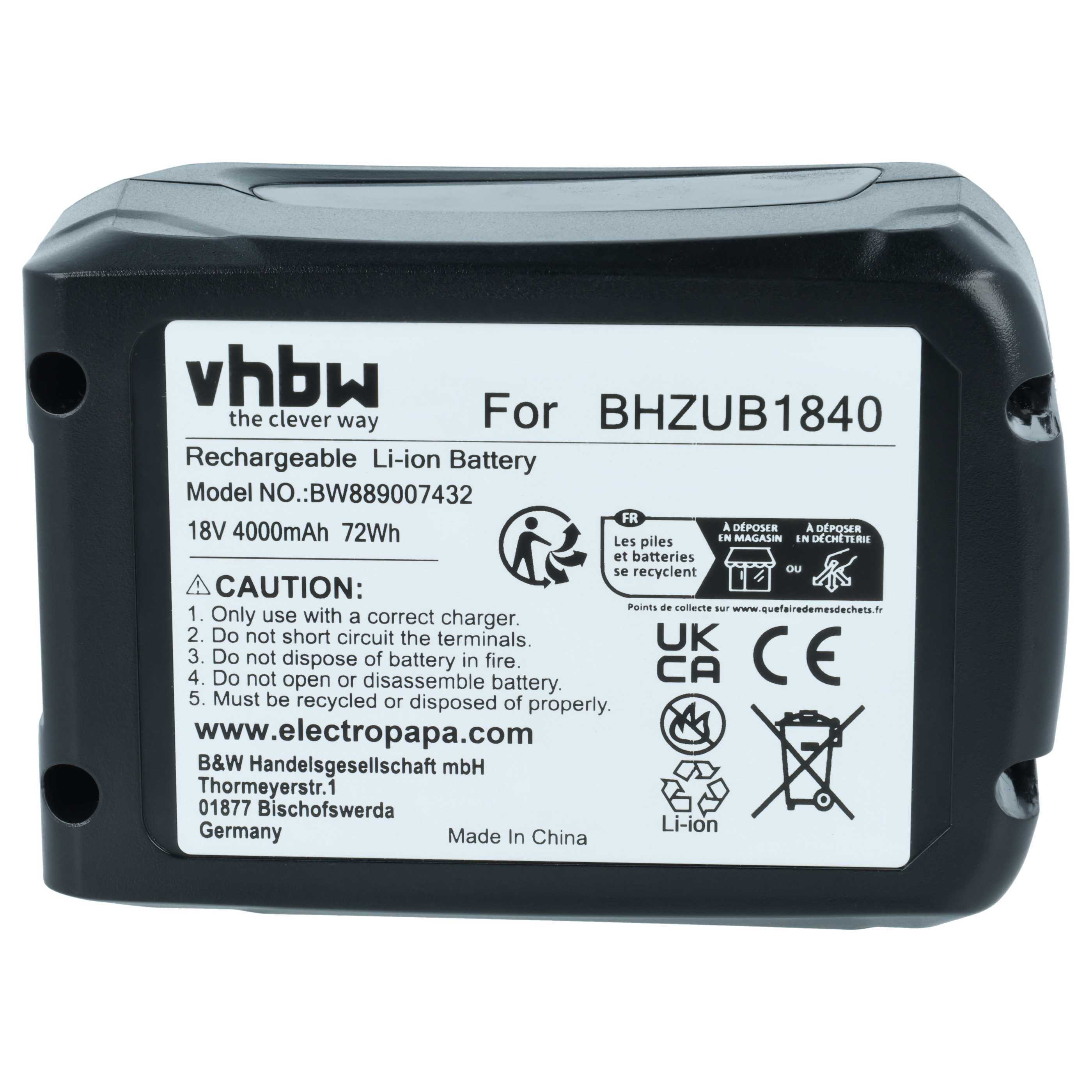 Battery replaces Bosch BHZUB1840 for Bosch 4000mAh, 18V, Li-Ion