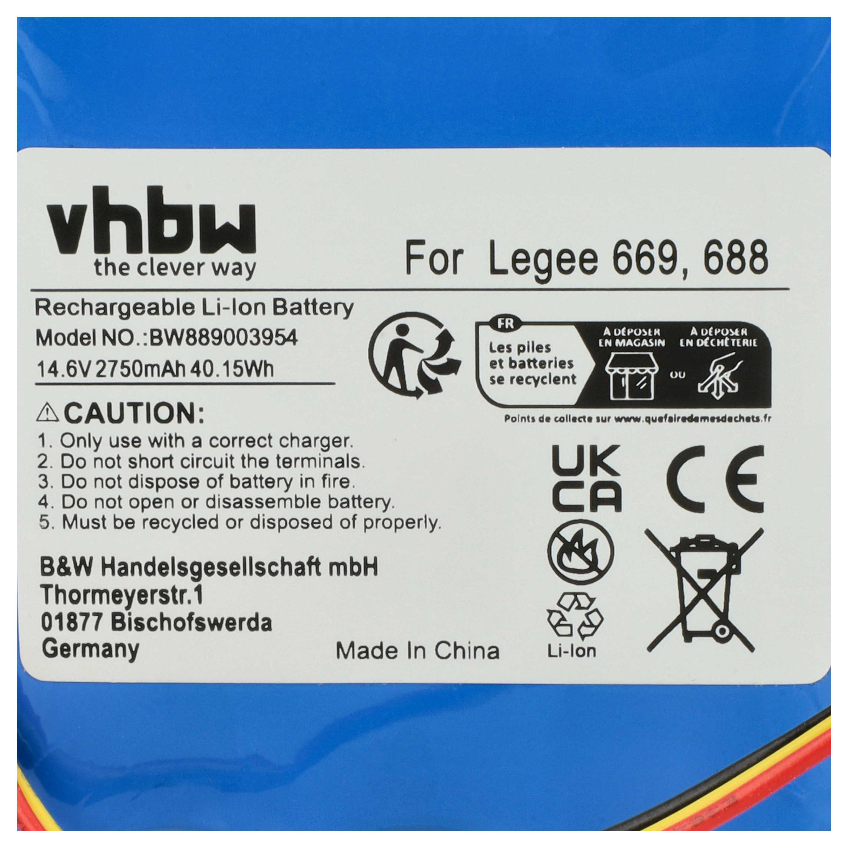 Battery replaces Hobot HB668P108 for Hobot 2750mAh, 14.6V, Li-Ion