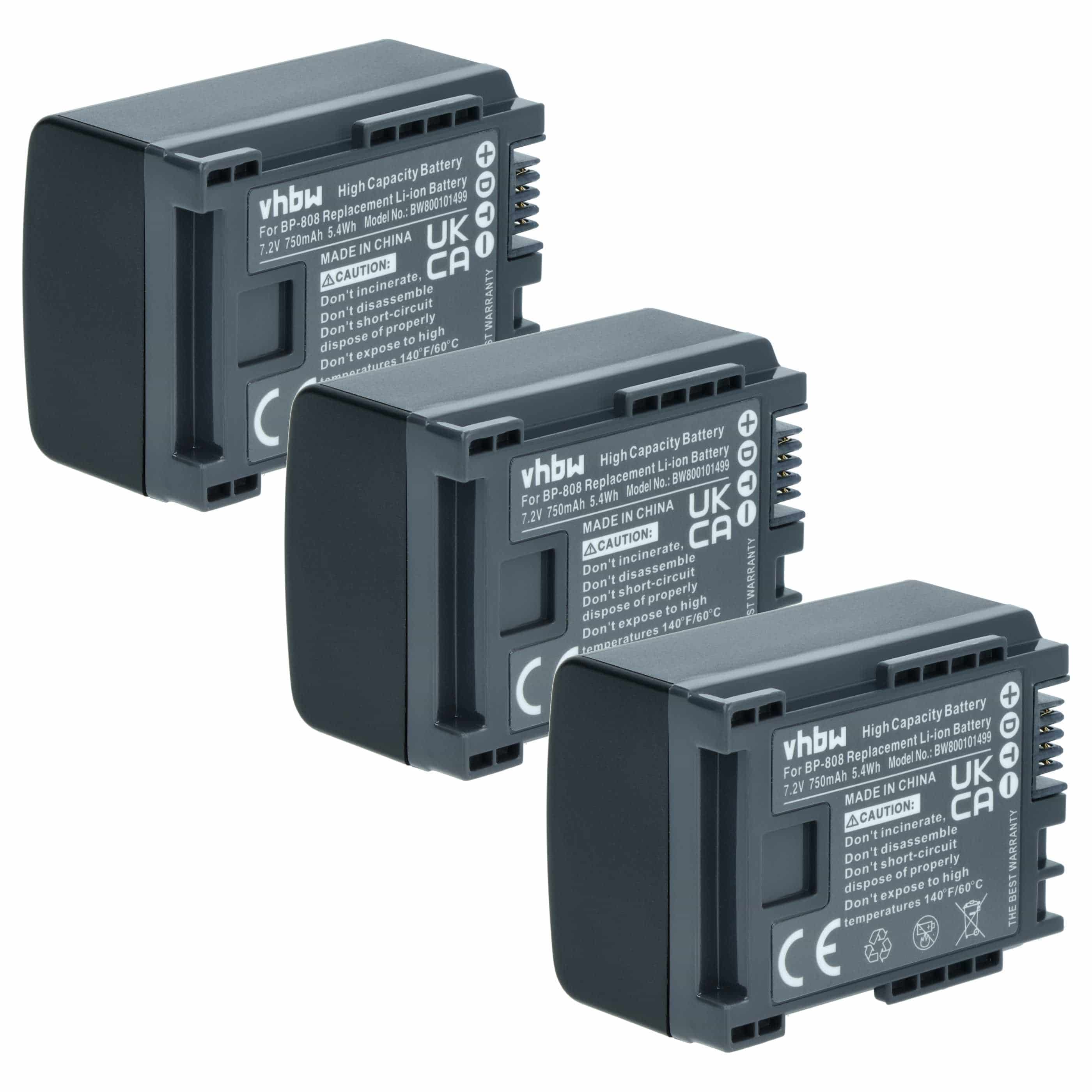 Videocamera 3x Battery replaces Canon 2740B002, BP-808 - 750 mAh 7.2 V Li-Ion