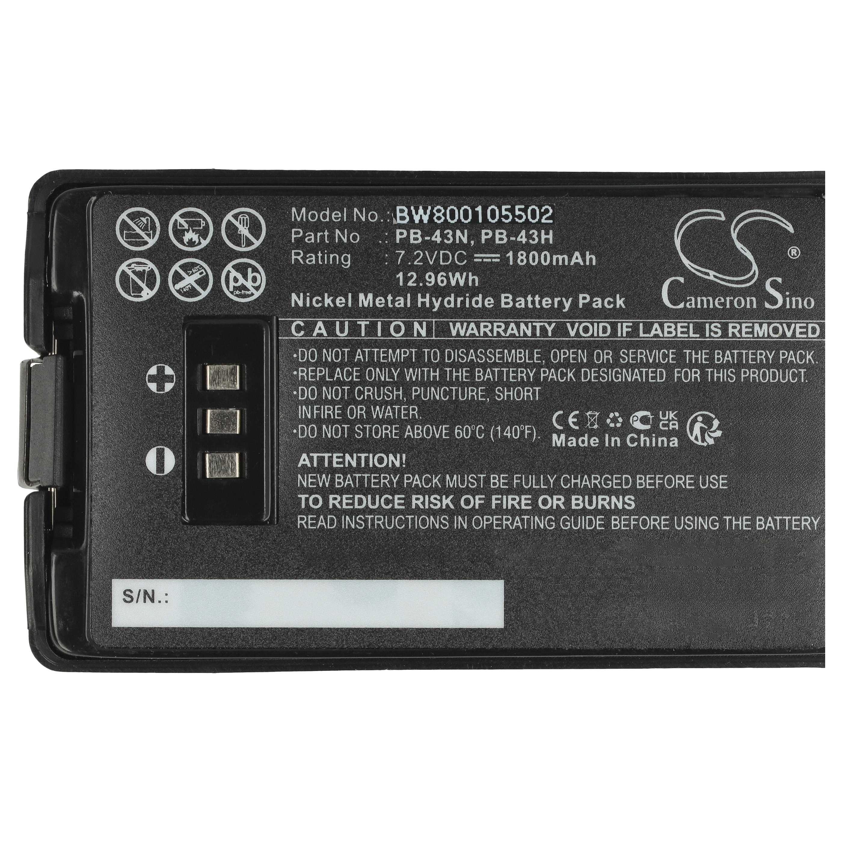 Radio Battery Replacement for Kenwood PB-43N, PB-43 - 1800 mAh 7.2 V NiMH