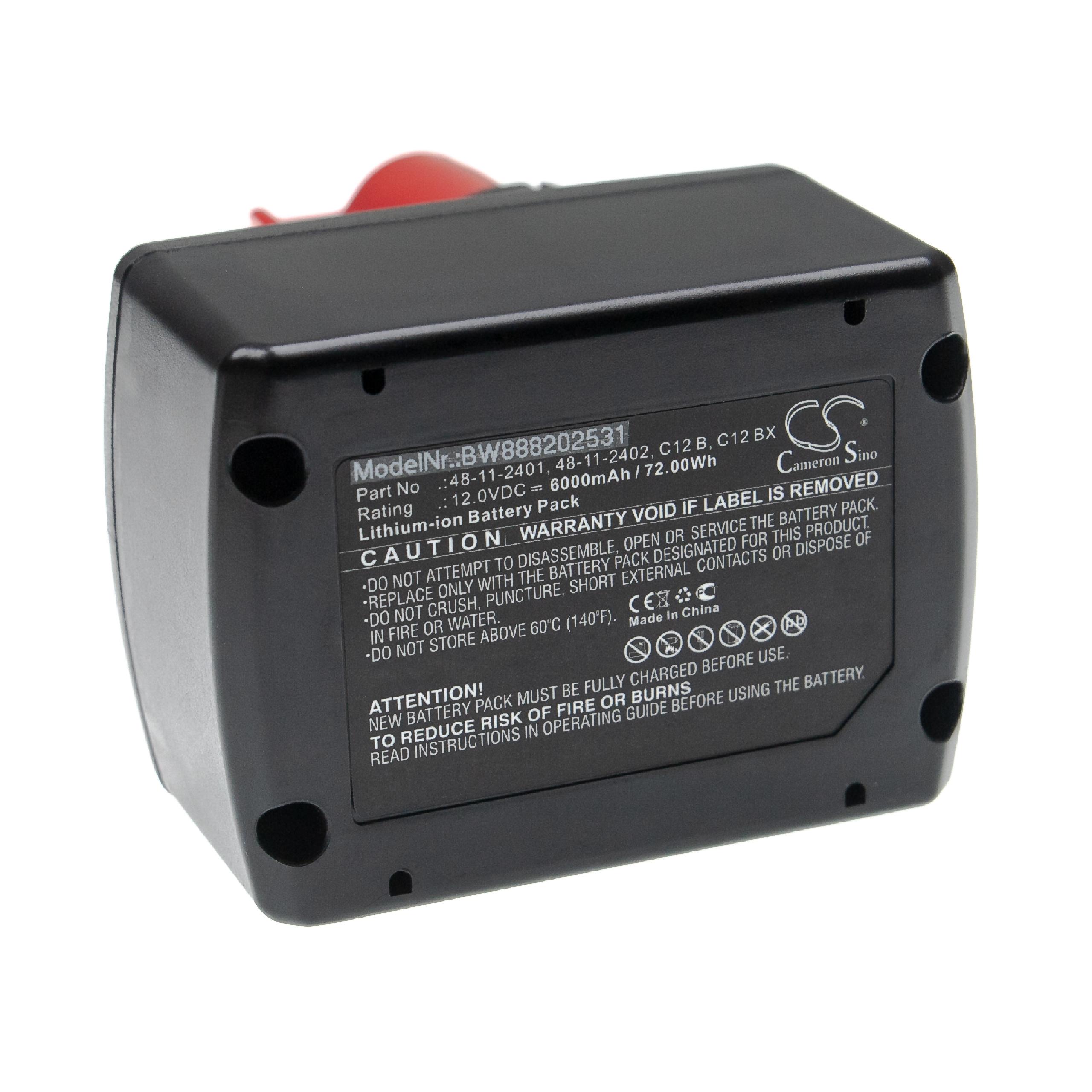 Batterie remplace Milwaukee 48112401, 48-11-2402, 48-11-2401 pour outil électrique - 6000 mAh, 12 V, Li-ion