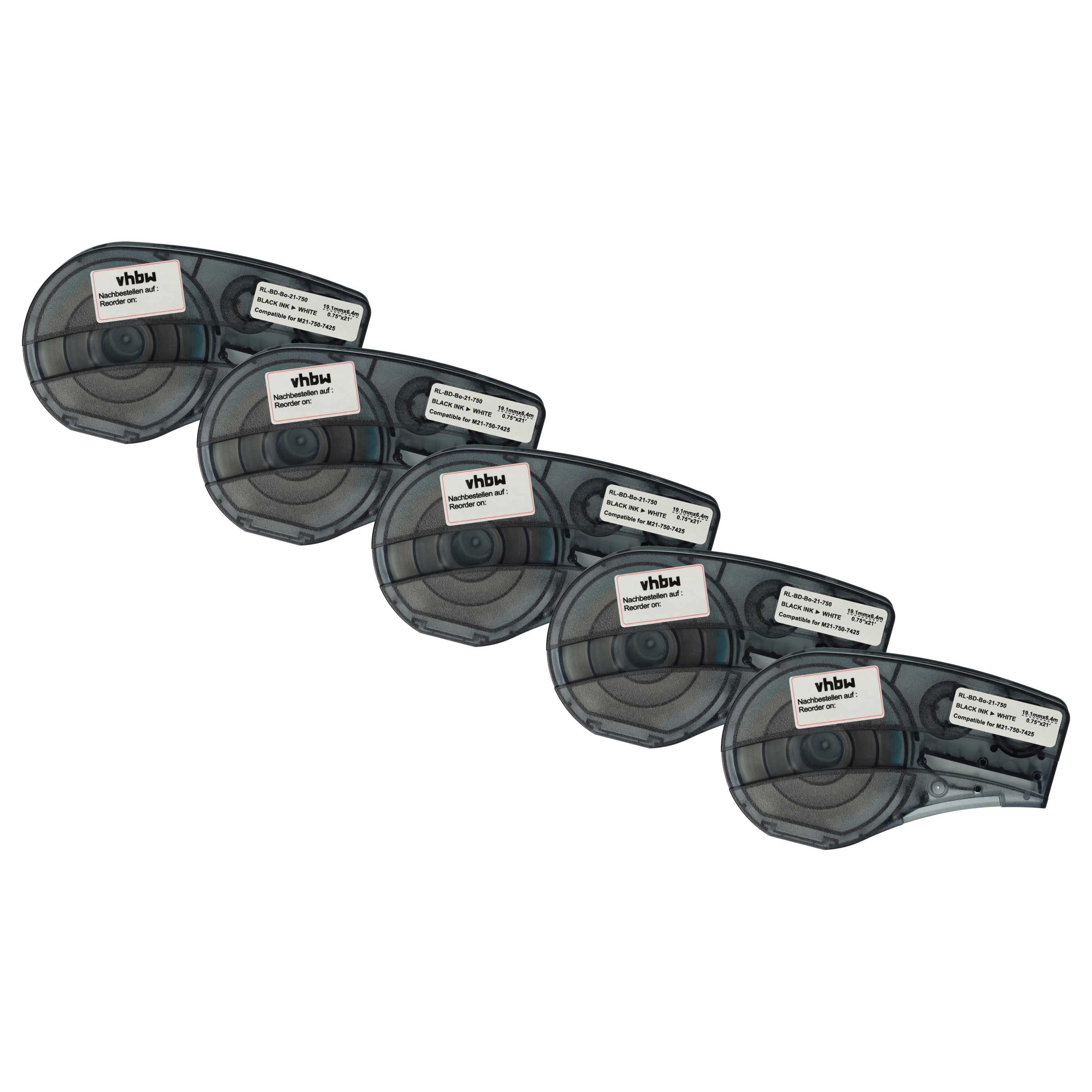 5x Label Tape as Replacement for Brady M21-750-7425 - 19.05 mm Black to White, polypropylene