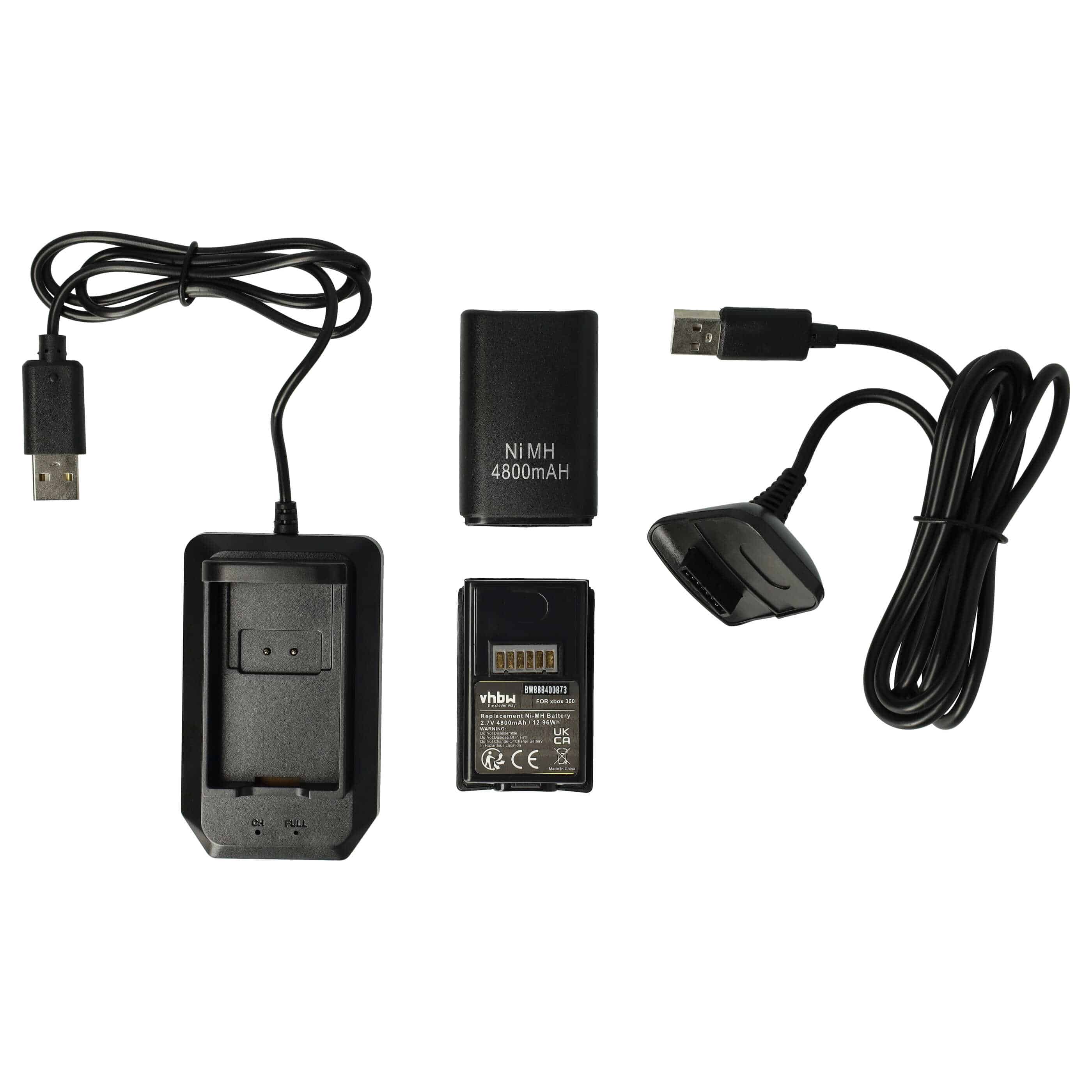 vhbw Play & Charge Kit - 1x charger, 1x charging cable, 2x battery Black