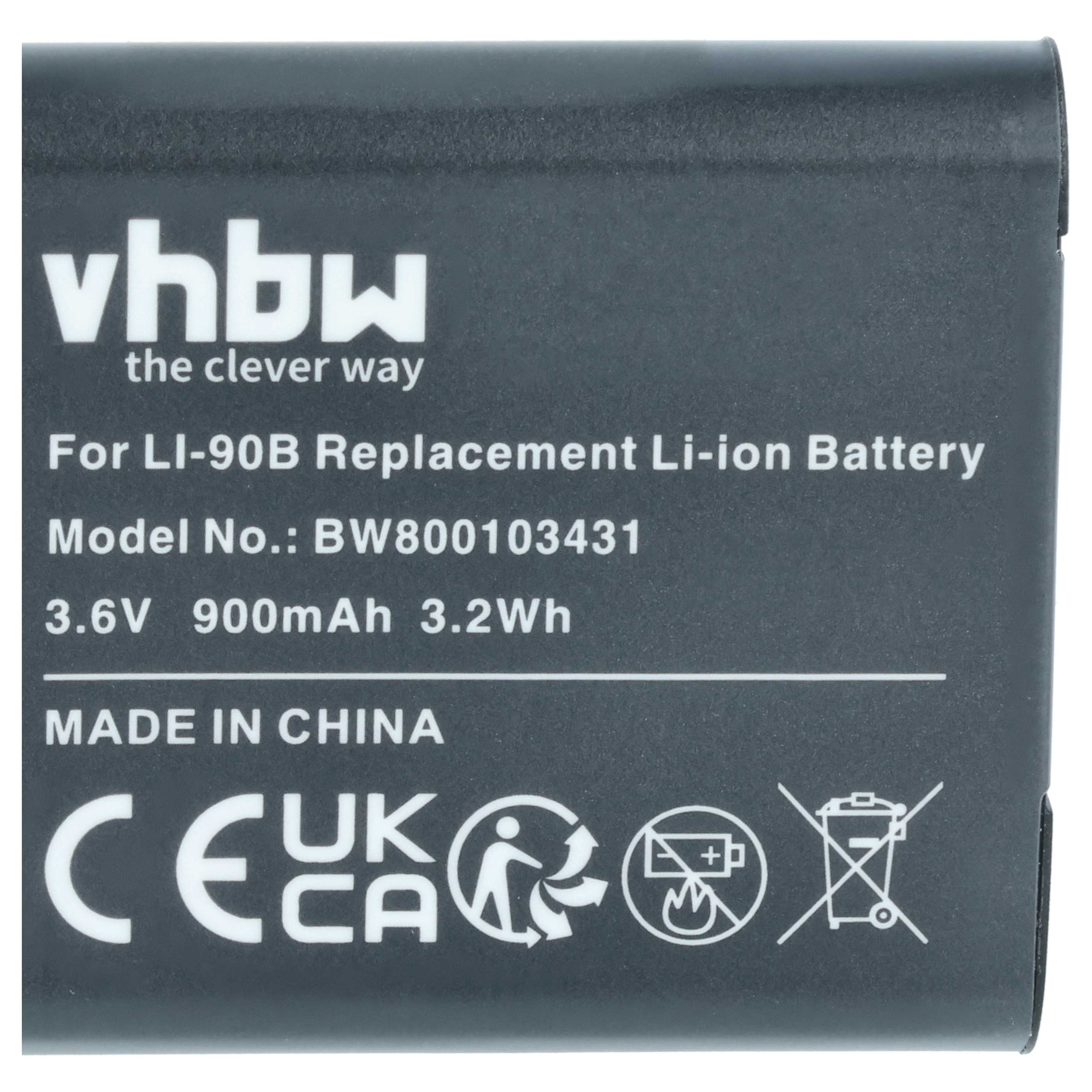 Battery replaces Olympus Li-90B, Li-92B - 900mAh, 3.6V, Li-Ion