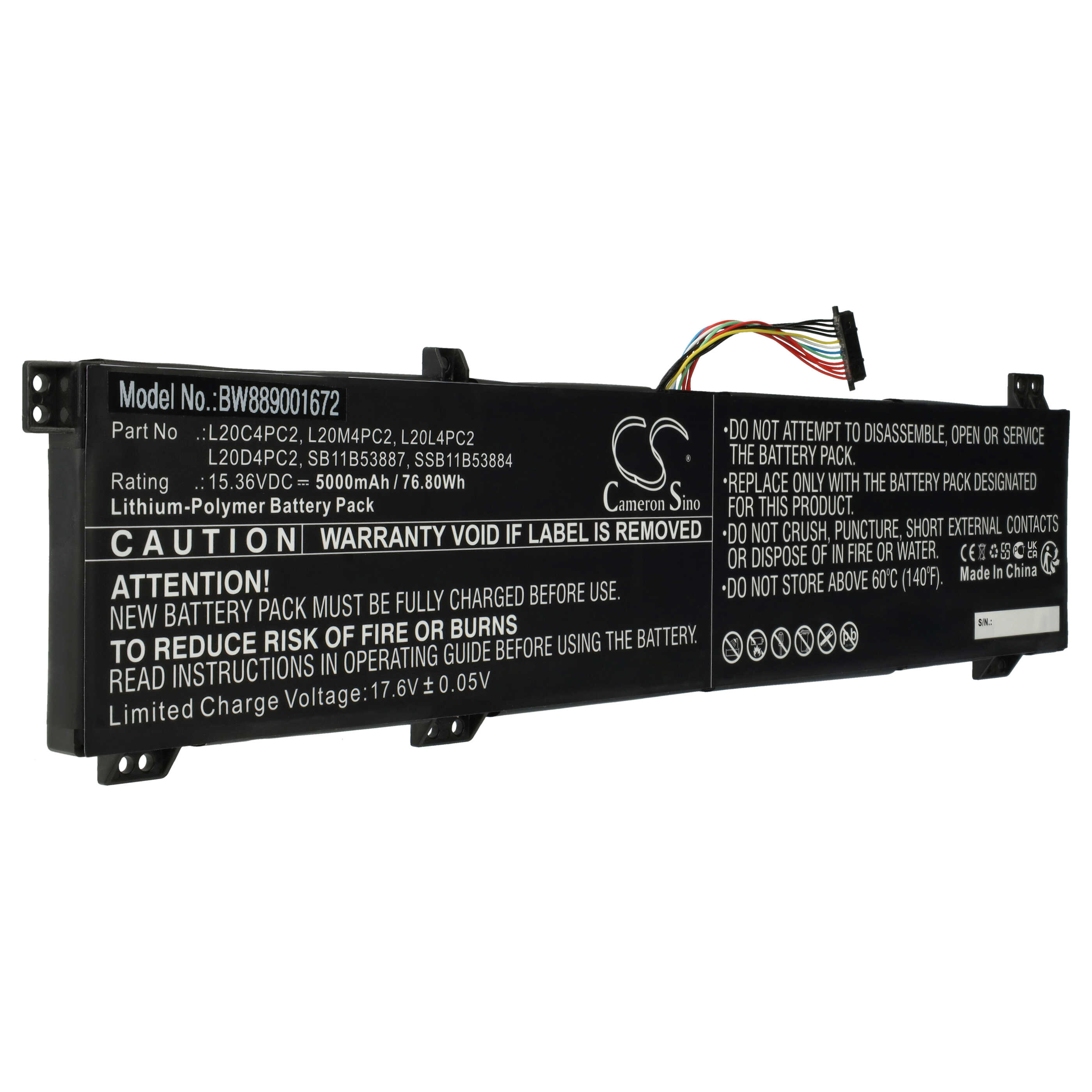 Batterie remplace Lenovo L20C4PC2, L20D4PC2, L20L4PC2 pour ordinateur portable - 5000mAh 15,36V Li-polymère