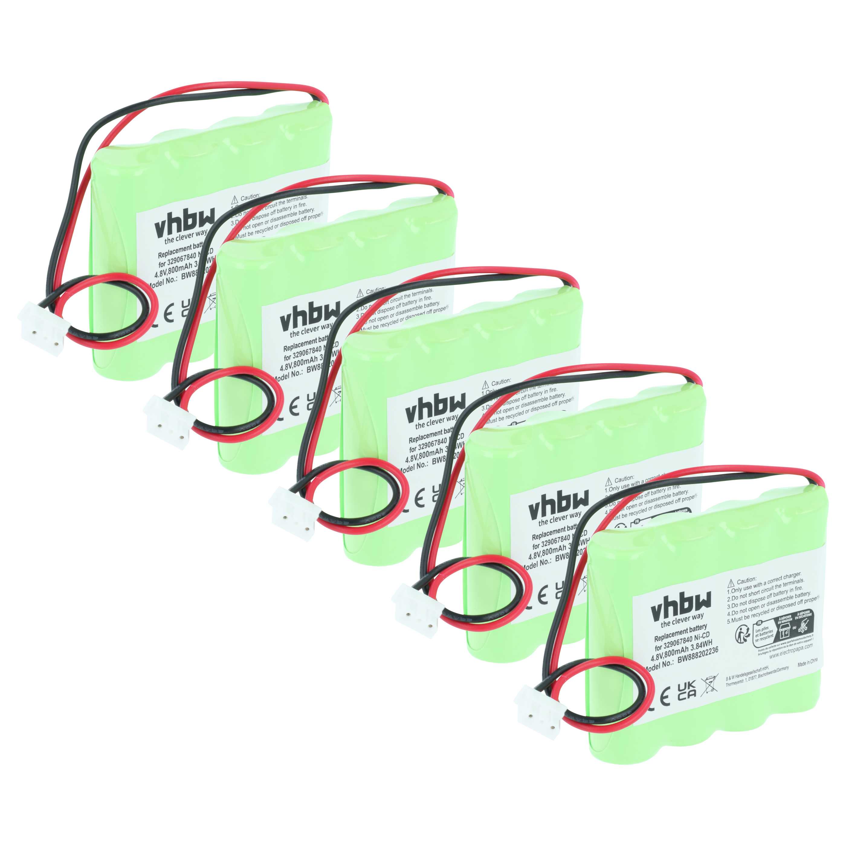 Emergency Light 5x Battery replaces Schneider 4BD-AA800BT, 329067840, 513141006 - 800 mAh 4.8 V NiCd