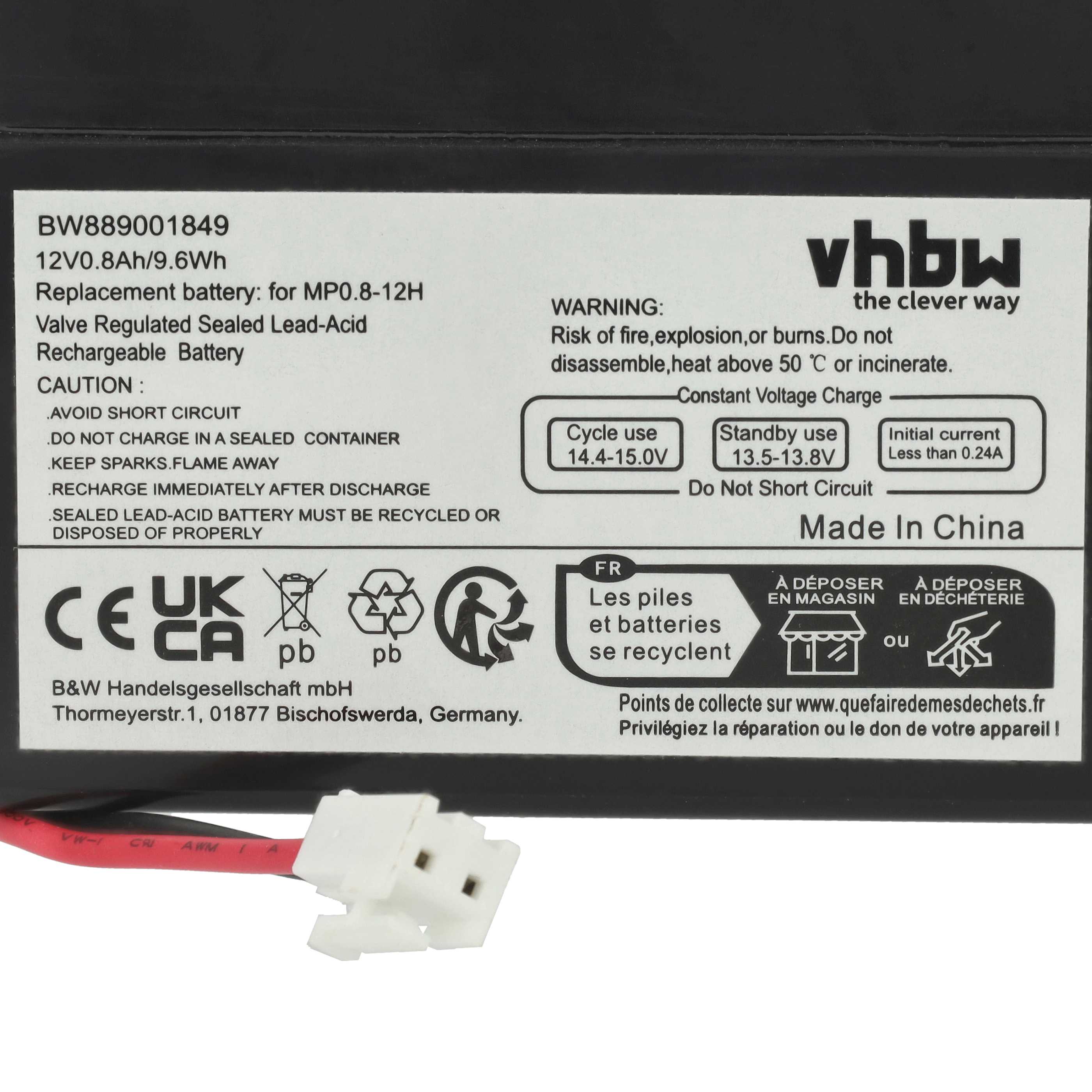 2x Batteria sostituisce MP0.8-12H universale per diversi dispositivi - 800mAh 12V AGM, connettore JST
