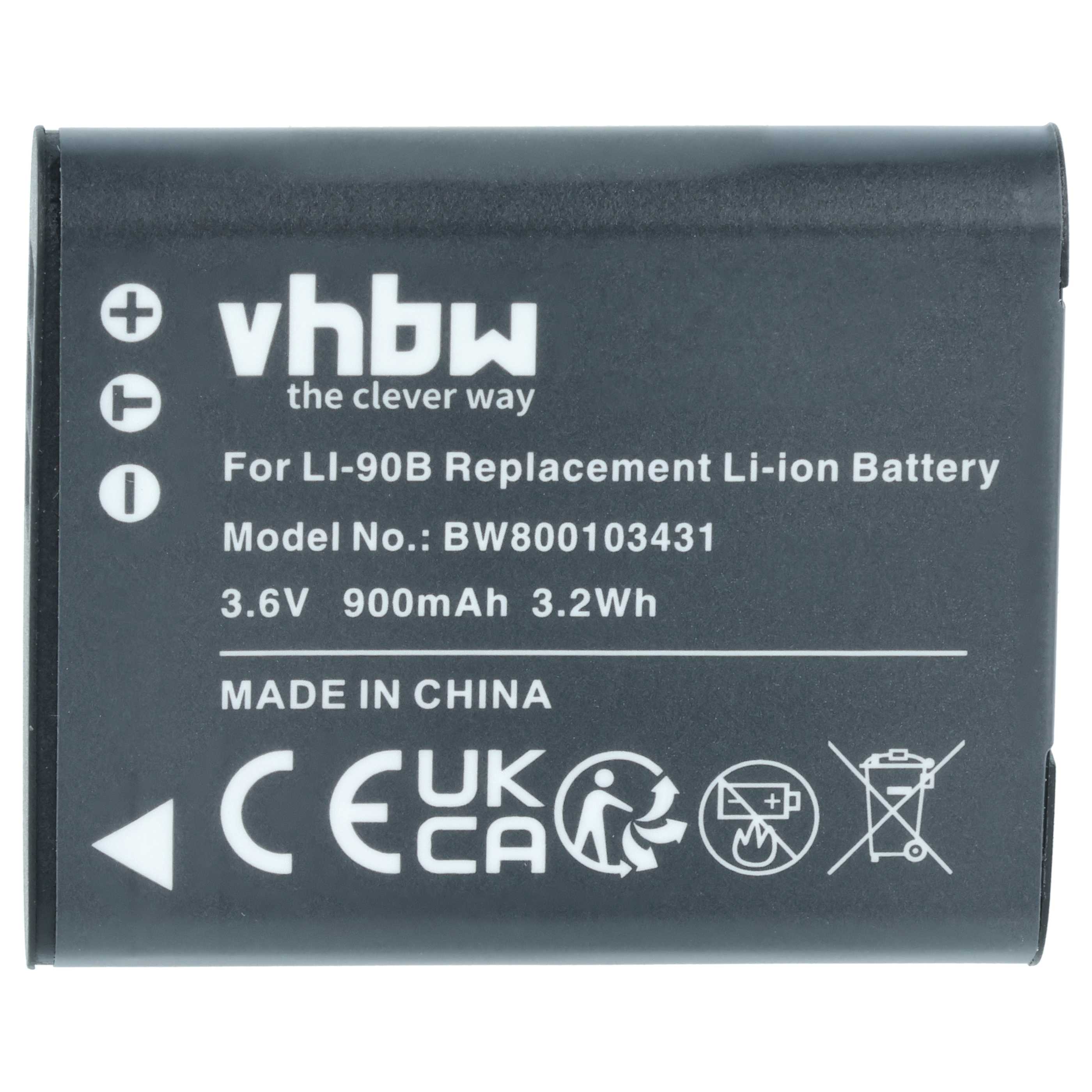 Battery replaces Olympus Li-90B, Li-92B - 900mAh, 3.6V, Li-Ion