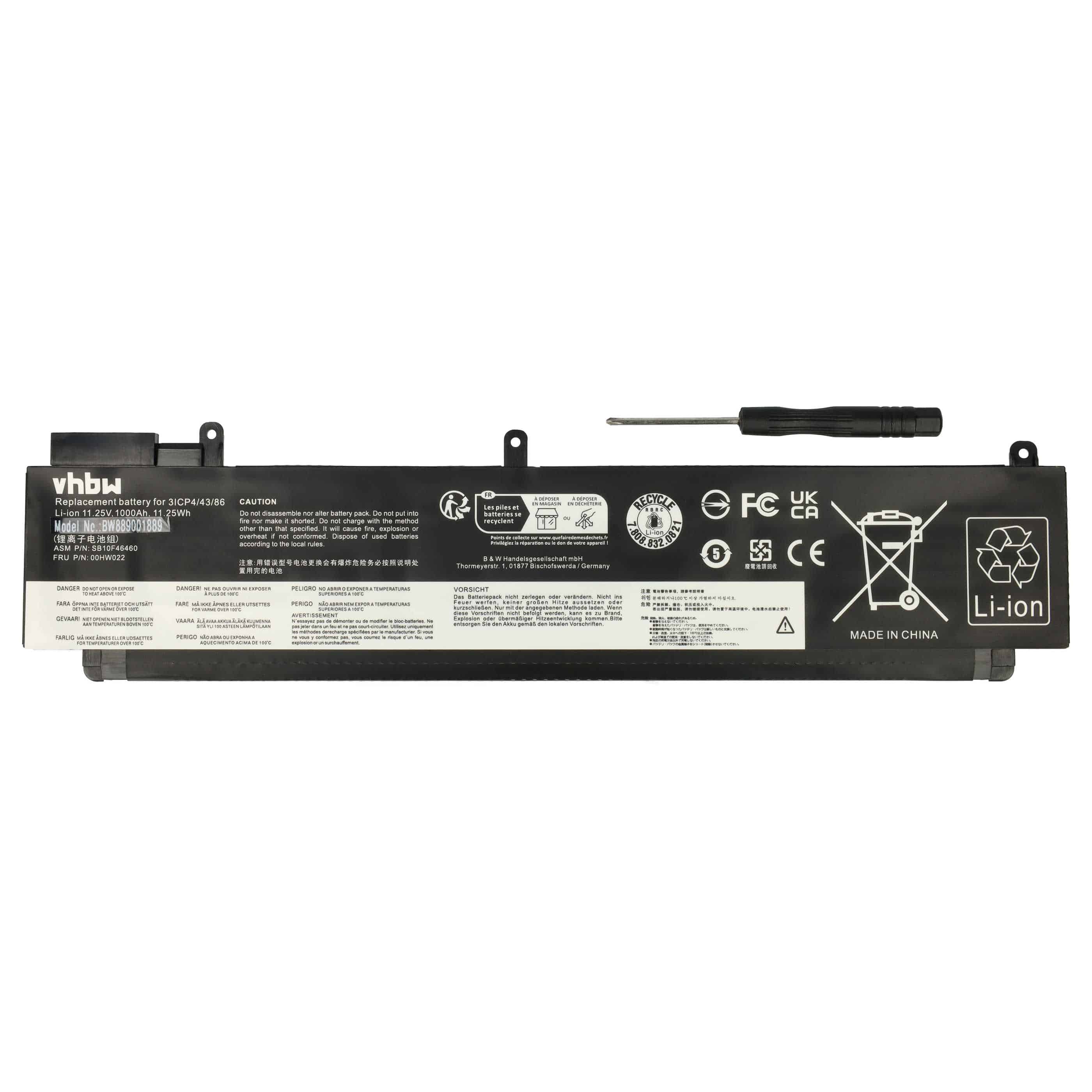 Batterie remplace Lenovo 00HW022, 00HW023, 00HW024 pour ordinateur portable - 1000mAh 11,25V Li-polymère