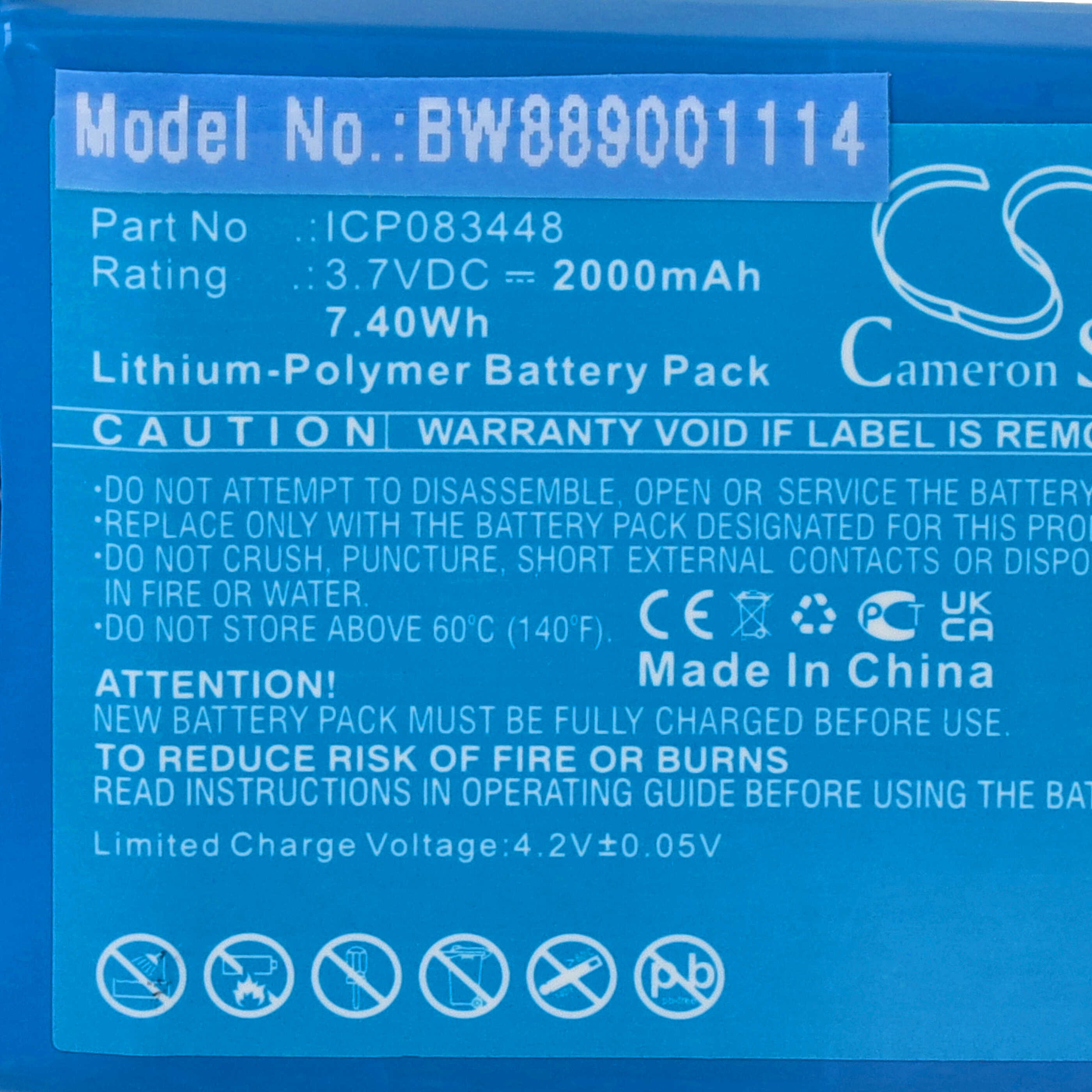 Radio Battery replaces Albrecht ICP083448, JHHY903448A - 2000 mAh 3.7 V Li-polymer