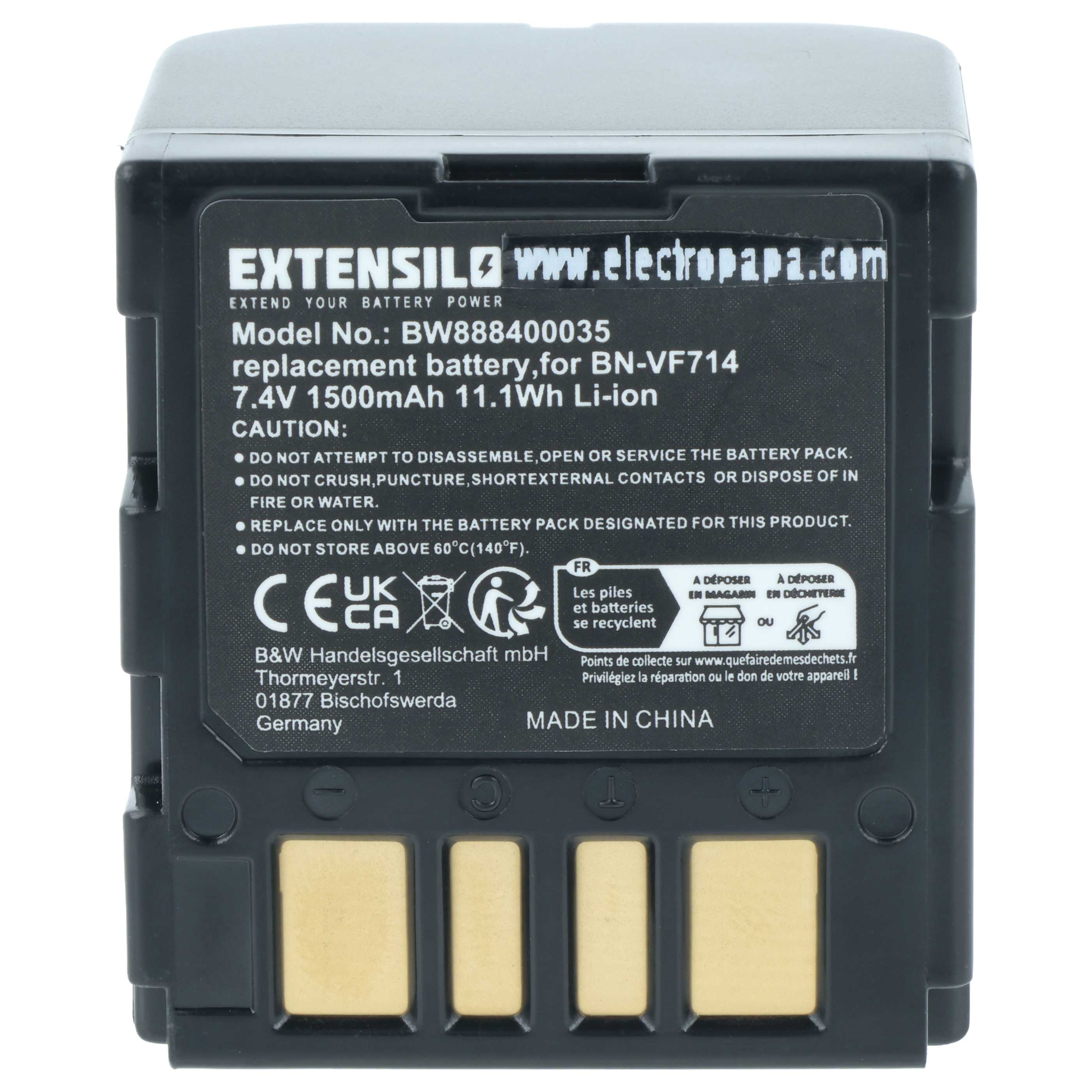 Batteria sostituisce JVC BN-VF707, BN-VF707U, BN-VF714, BN-VF714U per fotocamera - 1500mAh 7,4V Li-Ion