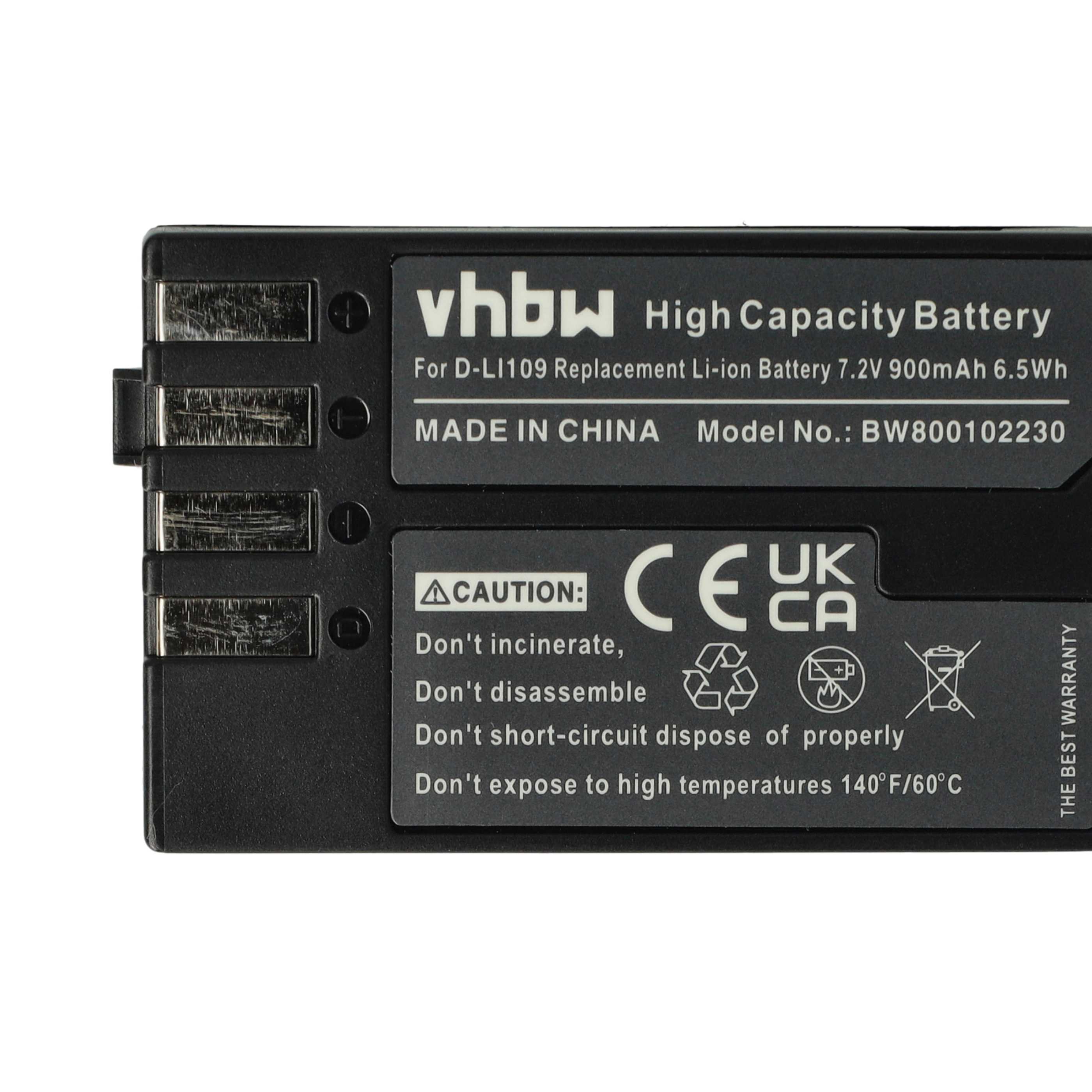 2x Battery replaces Pentax D-Li109 - 900mAh, 7.2V, Li-Ion