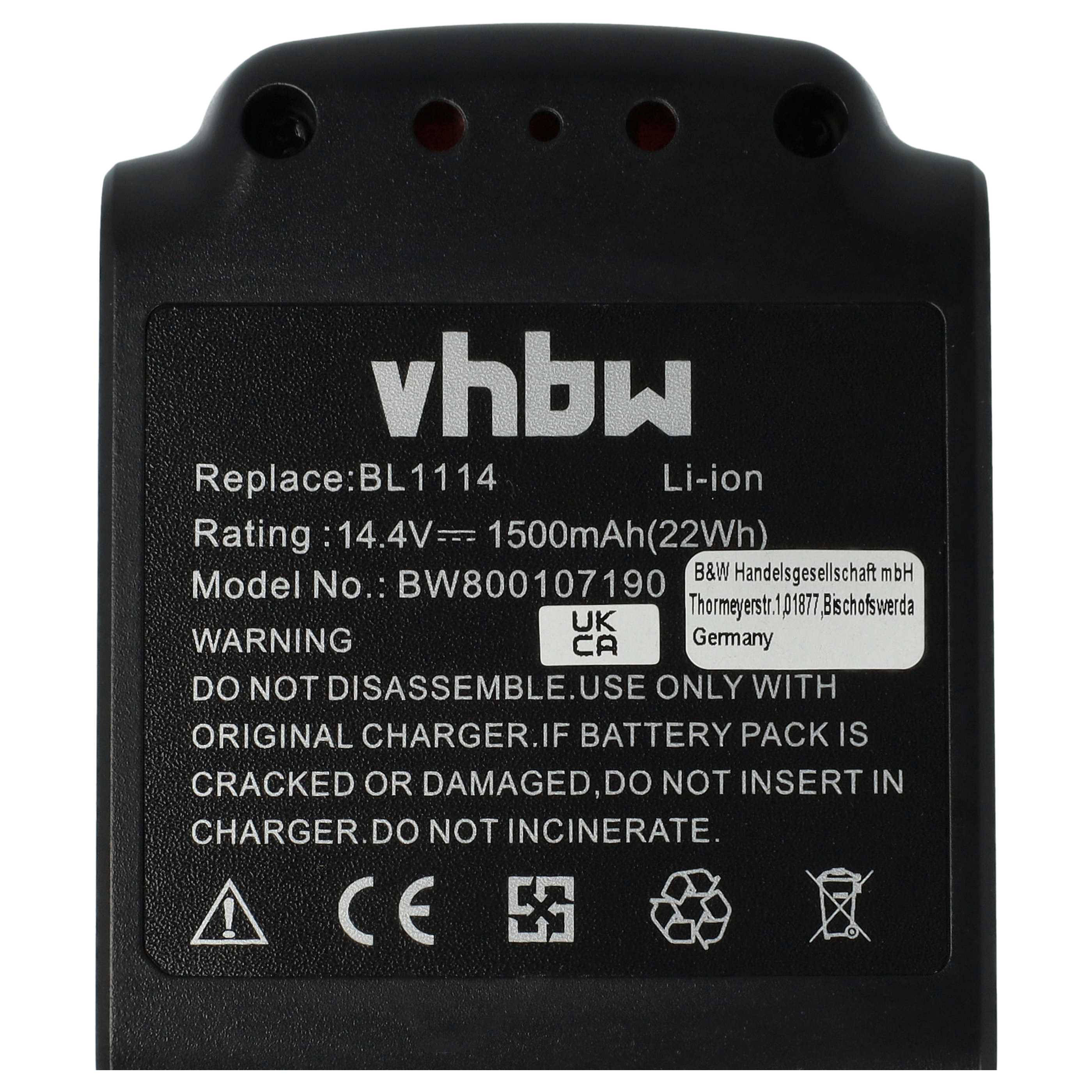 Battery replaces Black & Decker LB16, BL1114, BL1514, BL1314 Electric Power Tool - 1500 mAh, 14.4 V, Li-Ion