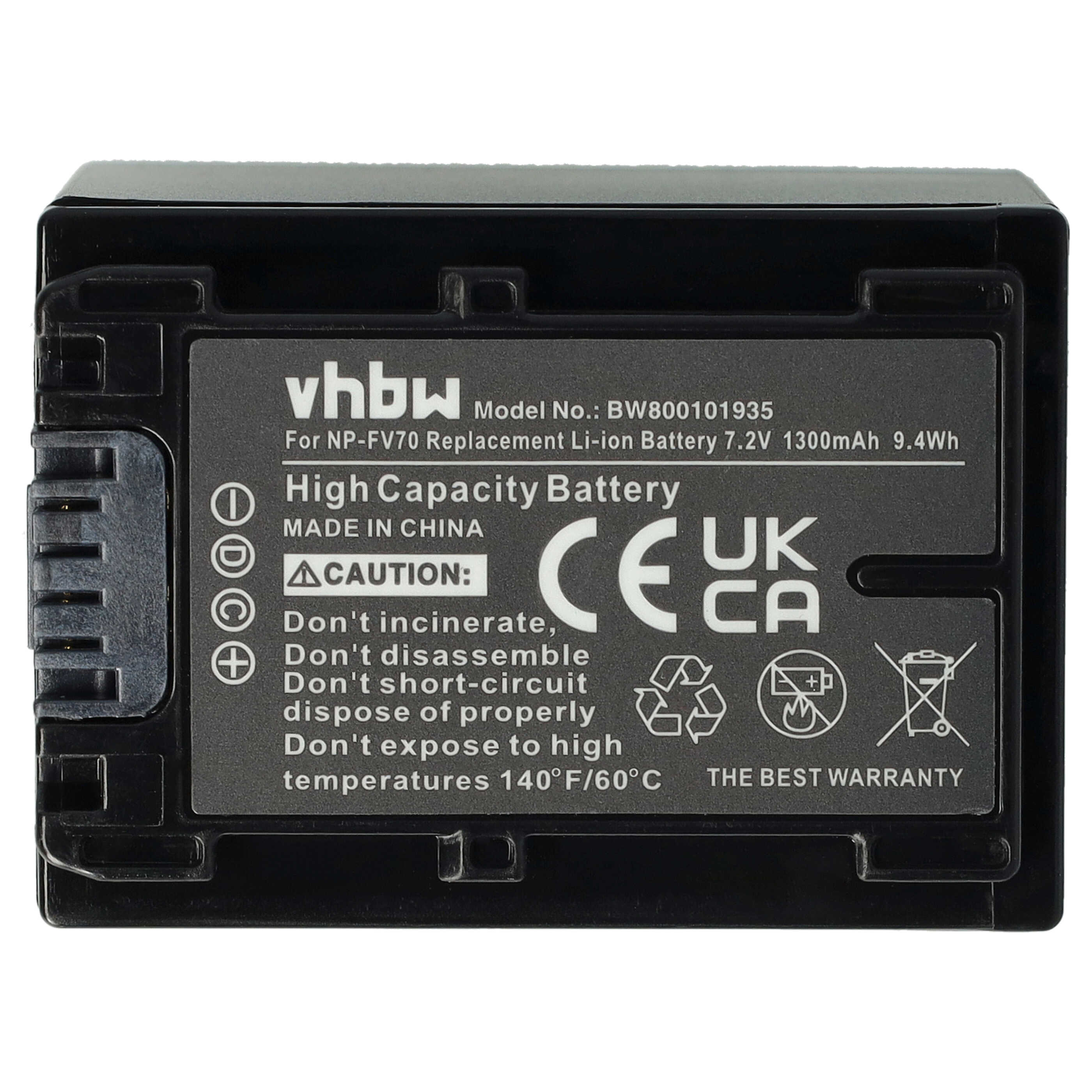 Videocamera Battery Replacement for Sony NP-FV40, NP-FV50, NP-FV100, NP-FV60, NP-FV30 - 1300mAh 7.2V Li-Ion