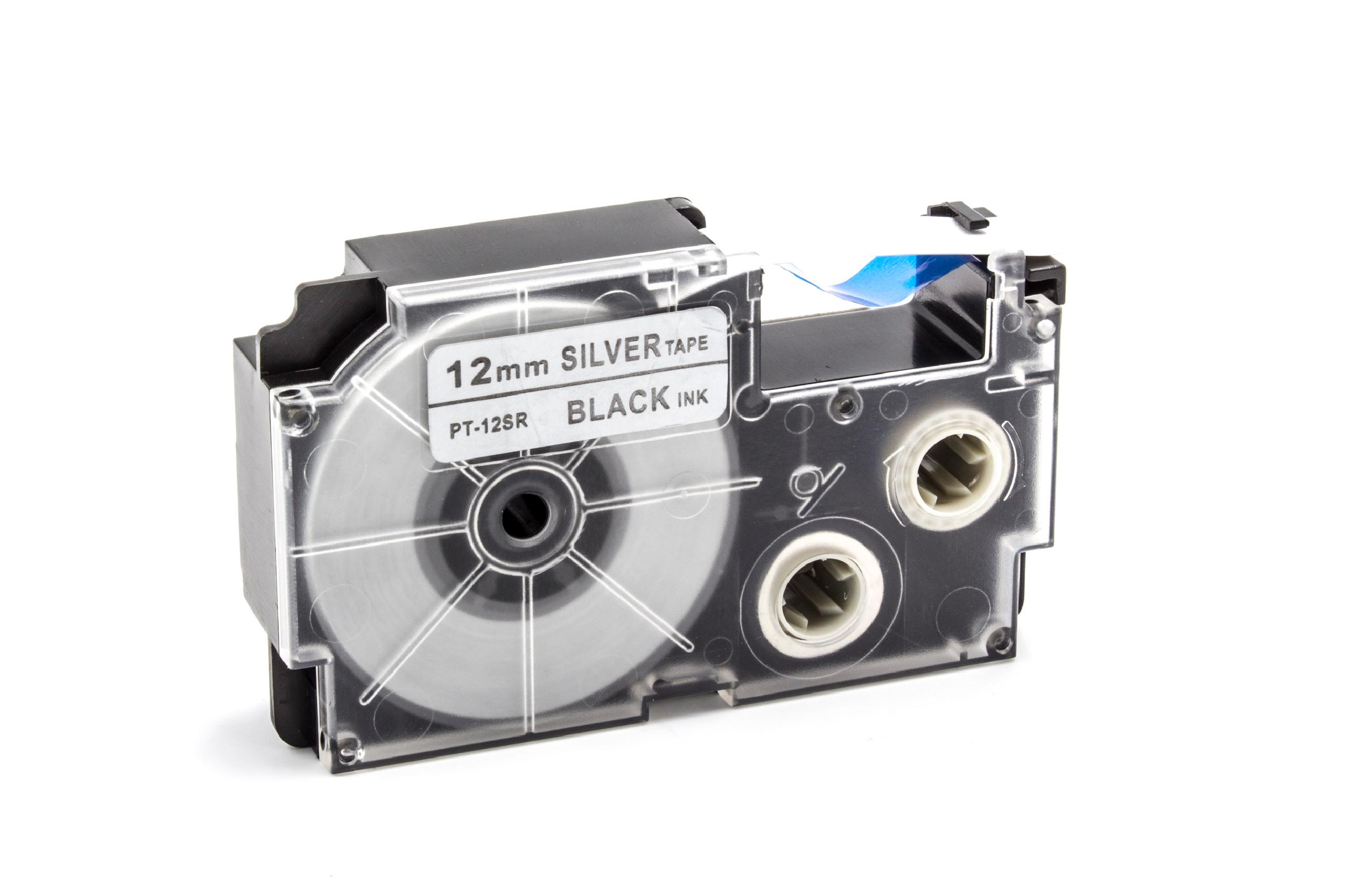 Cassetta nastro sostituisce Casio XR-12SR, XR-12SR1 per etichettatrice Casio 12mm nero su argentato