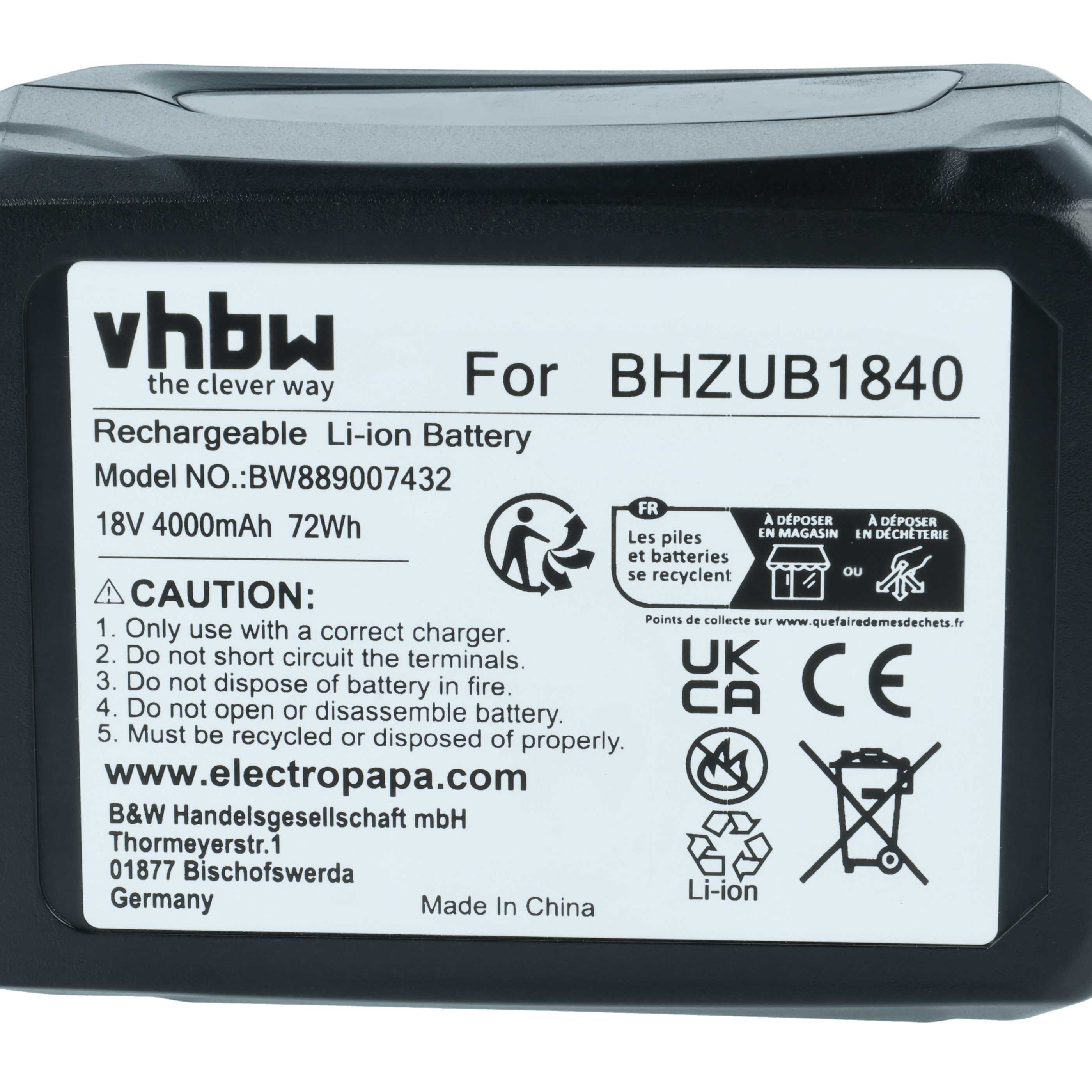 Battery replaces Bosch BHZUB1840 for Bosch 4000mAh, 18V, Li-Ion