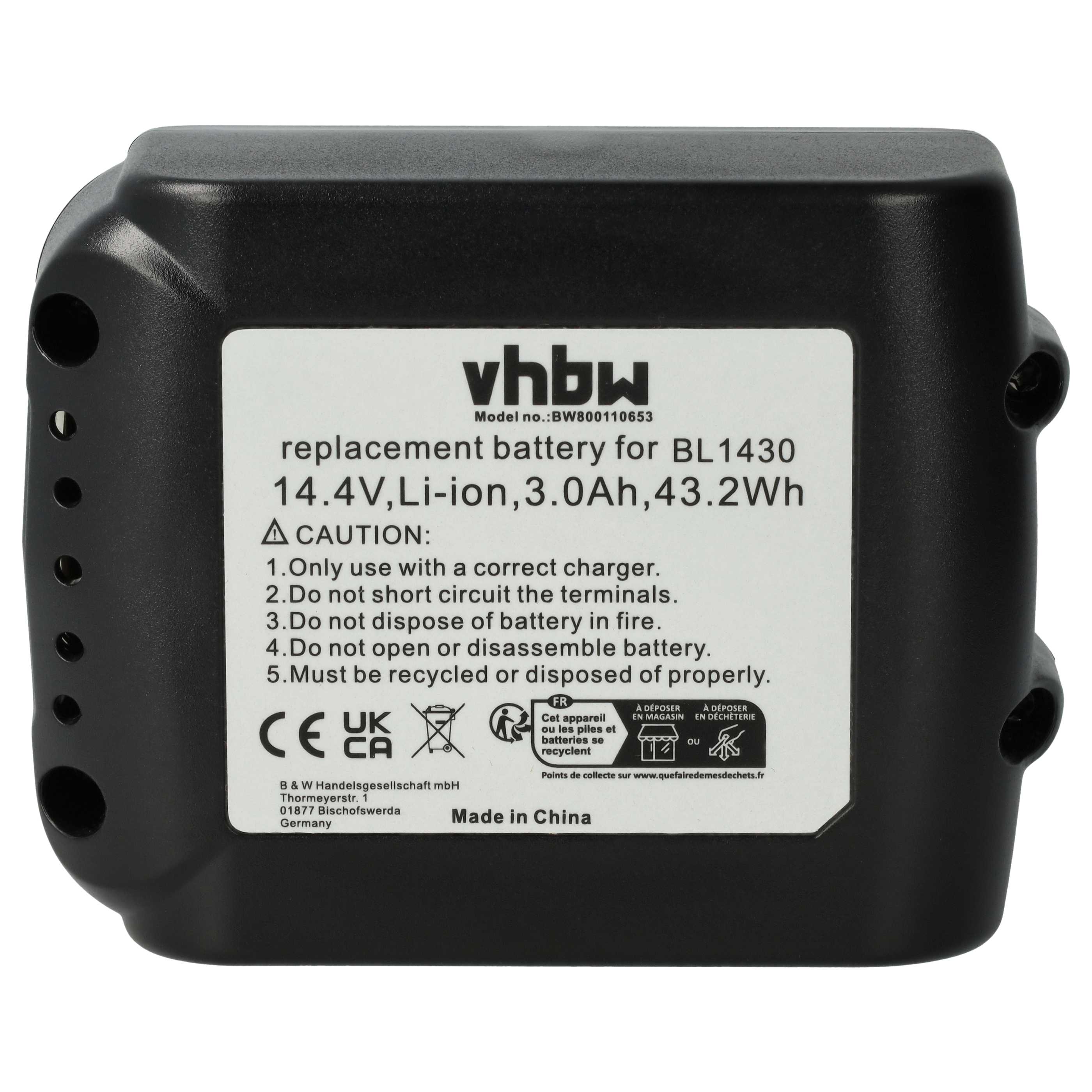 Electric Power Tool Battery Replaces Makita BL1415, 194066-1, BL1415N, 194065-3 - 3000 mAh, 14.4 V, Li-Ion