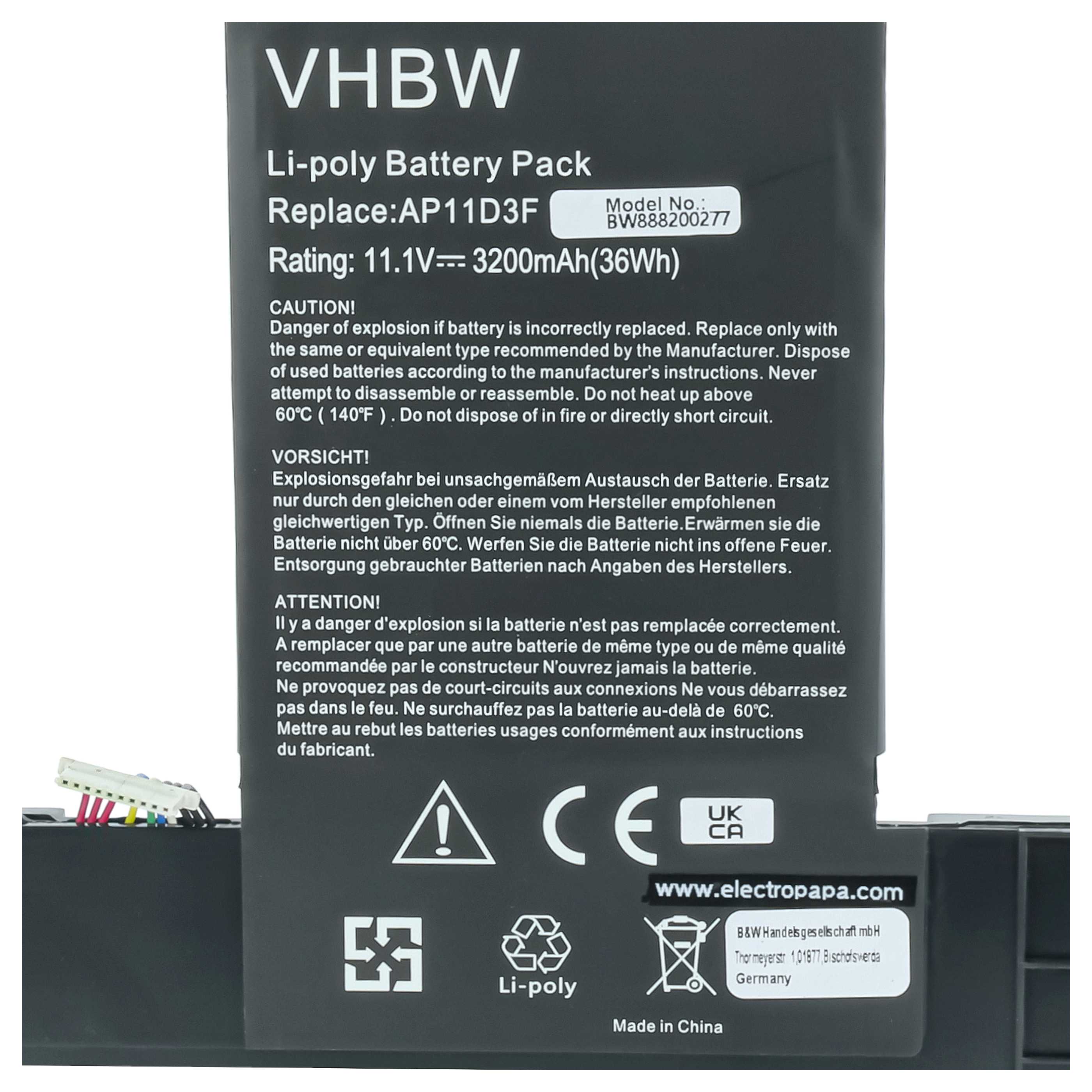 Akumulator do laptopa zamiennik Acer 3ICP5/65/88, 3ICP5/67/90, AP11D3F, AP11D4F - 3000 mAh 11,1 V LiPo, czarny