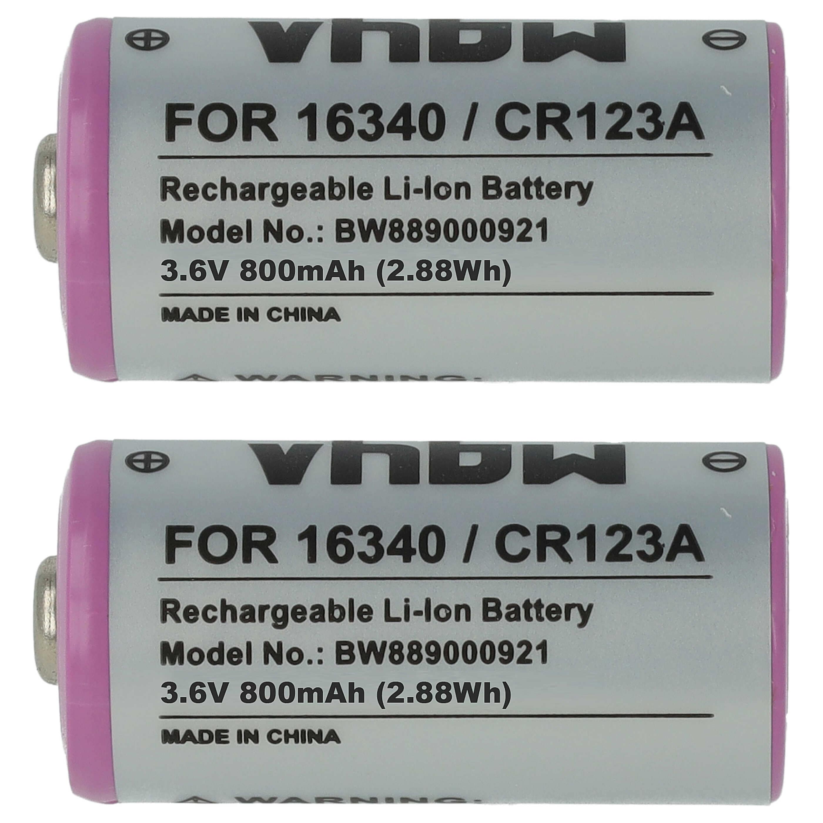Batteries (2x pièces) remplace 16340, CR123R, CR17335, CR123A universelle - 800mAh 3,6V Li-ion, 1x cellules