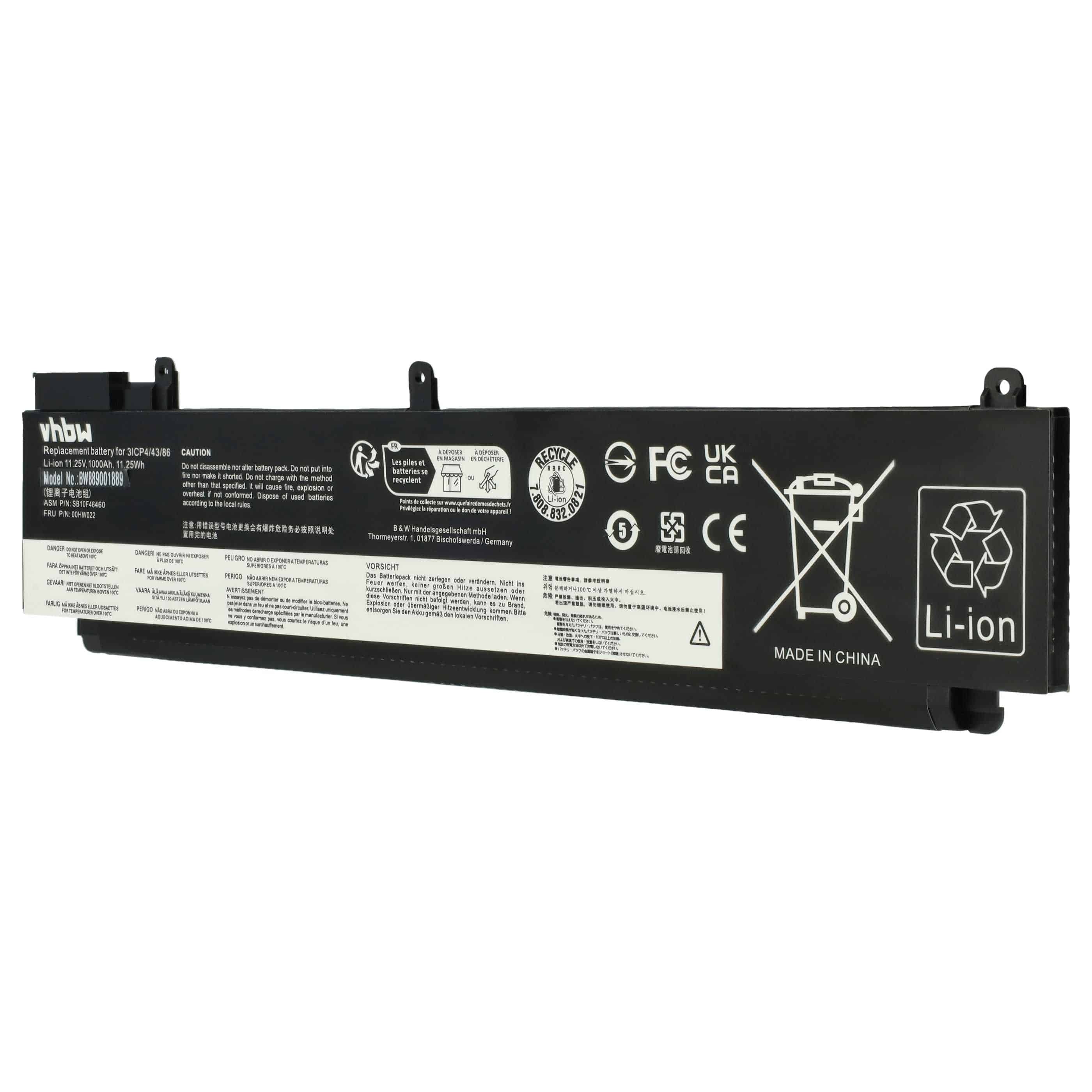 Batterie remplace Lenovo 00HW022, 00HW023, 00HW024 pour ordinateur portable - 1000mAh 11,25V Li-polymère