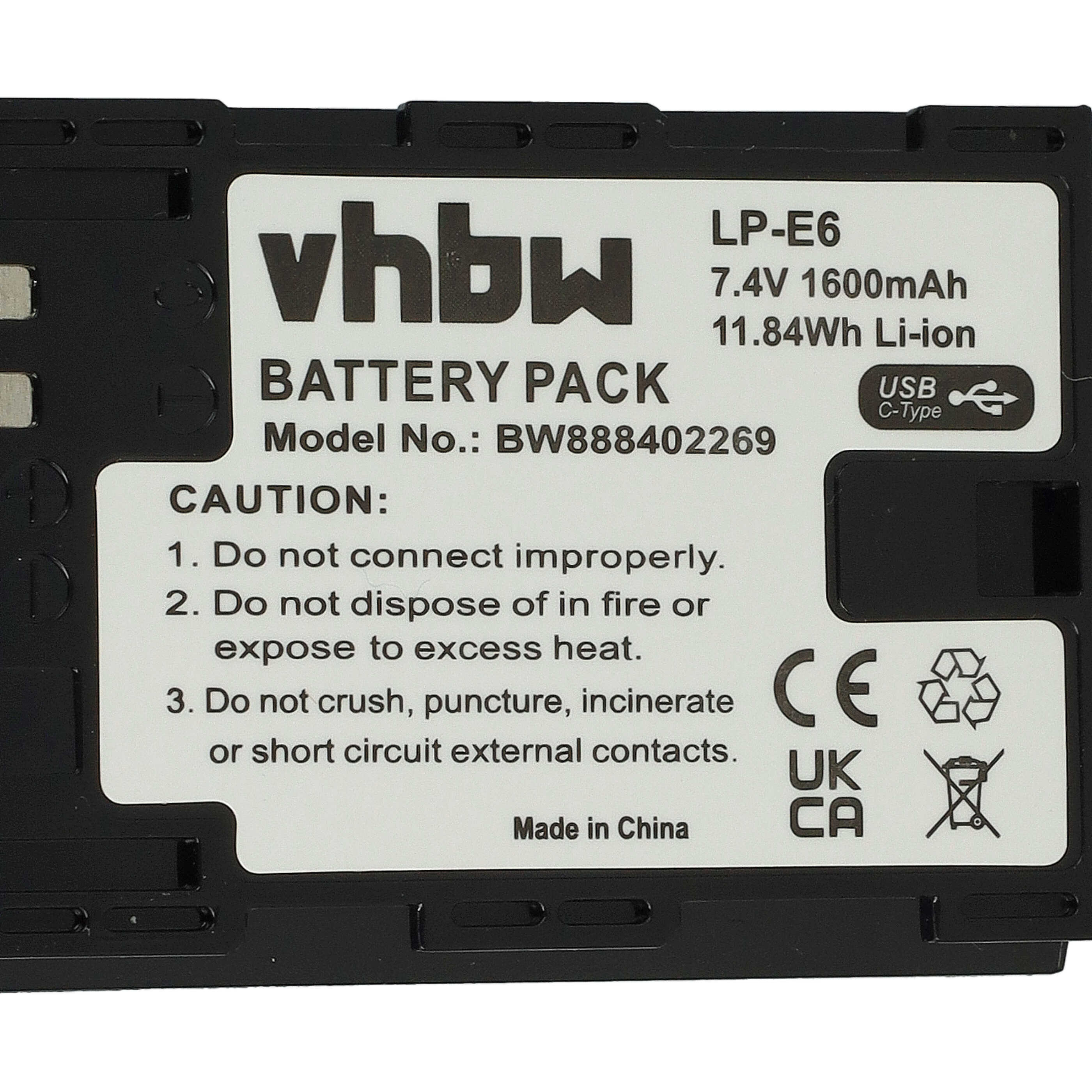 2x Battery replaces Canon LP-E6 - 1600mAh, 7.4V, Li-Ion, with USB C Socket