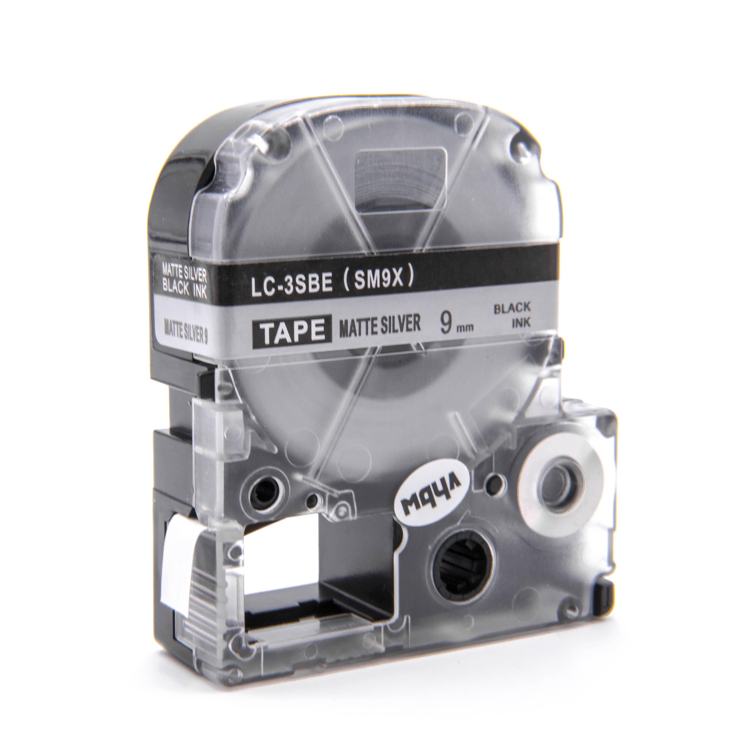 Label Tape as Replacement for Epson LC-3SBE - 9 mm Black to Silver