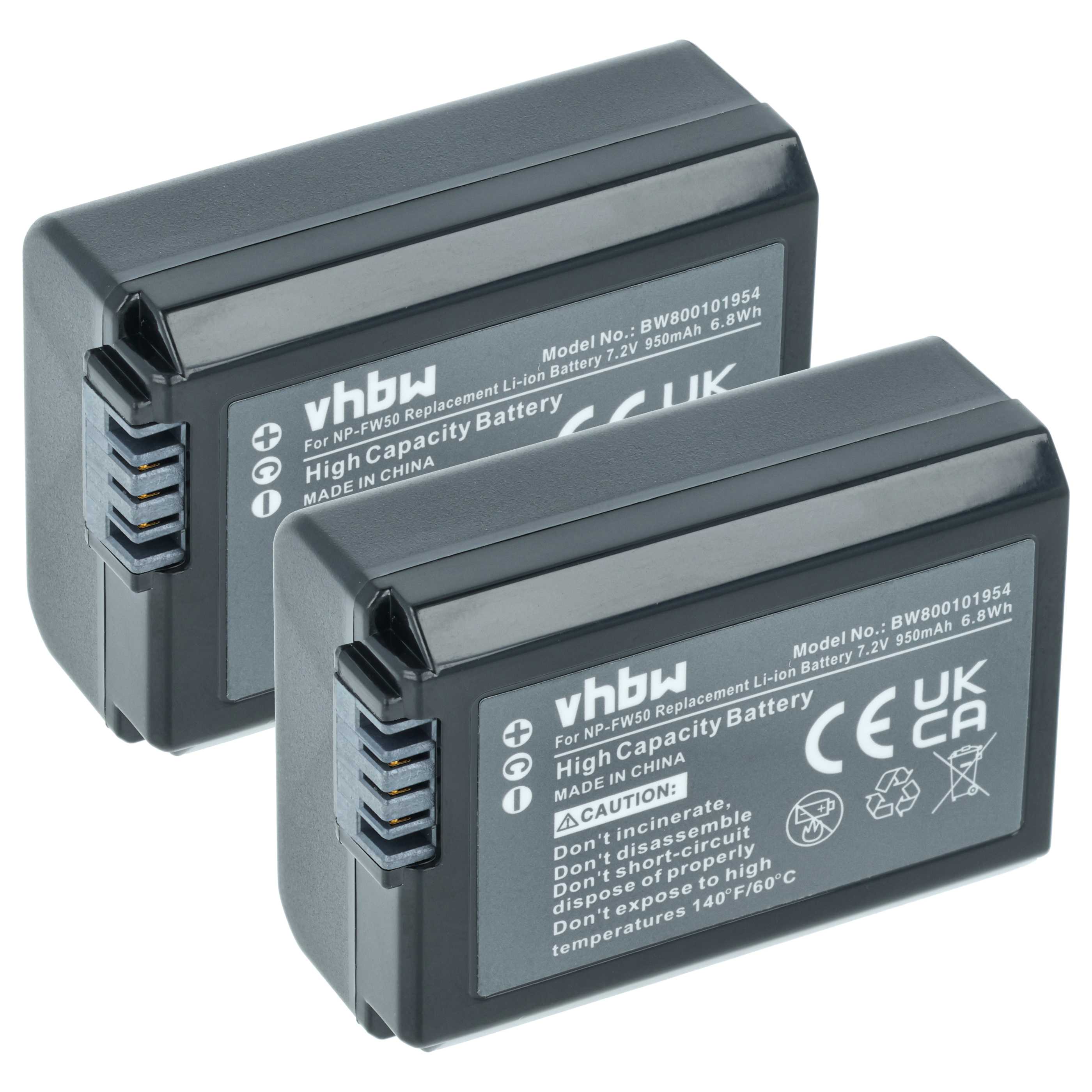 2x Battery replaces Sony NP-FW50 - 950mAh, 7.2V, Li-Ion with Info Chip