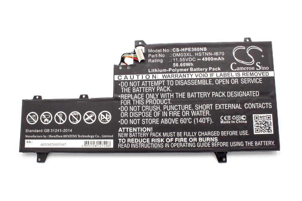 Batterie remplace HP 1GY29PA, 1GY30PA, 0M03XL pour ordinateur portable - 4900mAh 11,55V Li-polymère, noir