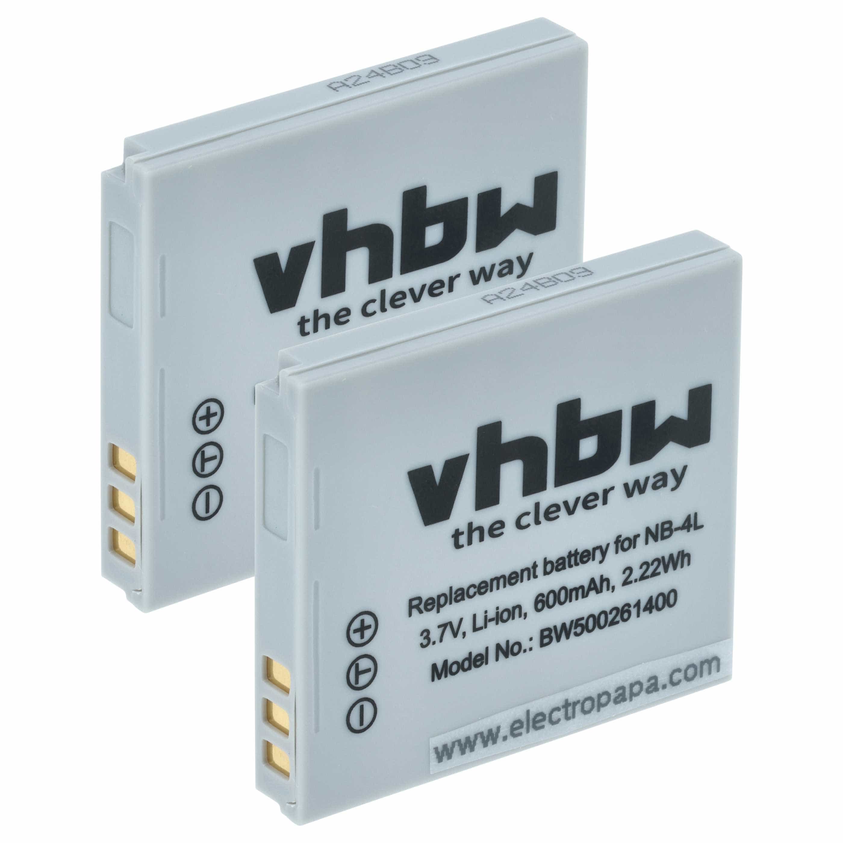2x Battery replaces Canon NB-4L - 600mAh, 3.6V, Li-Ion