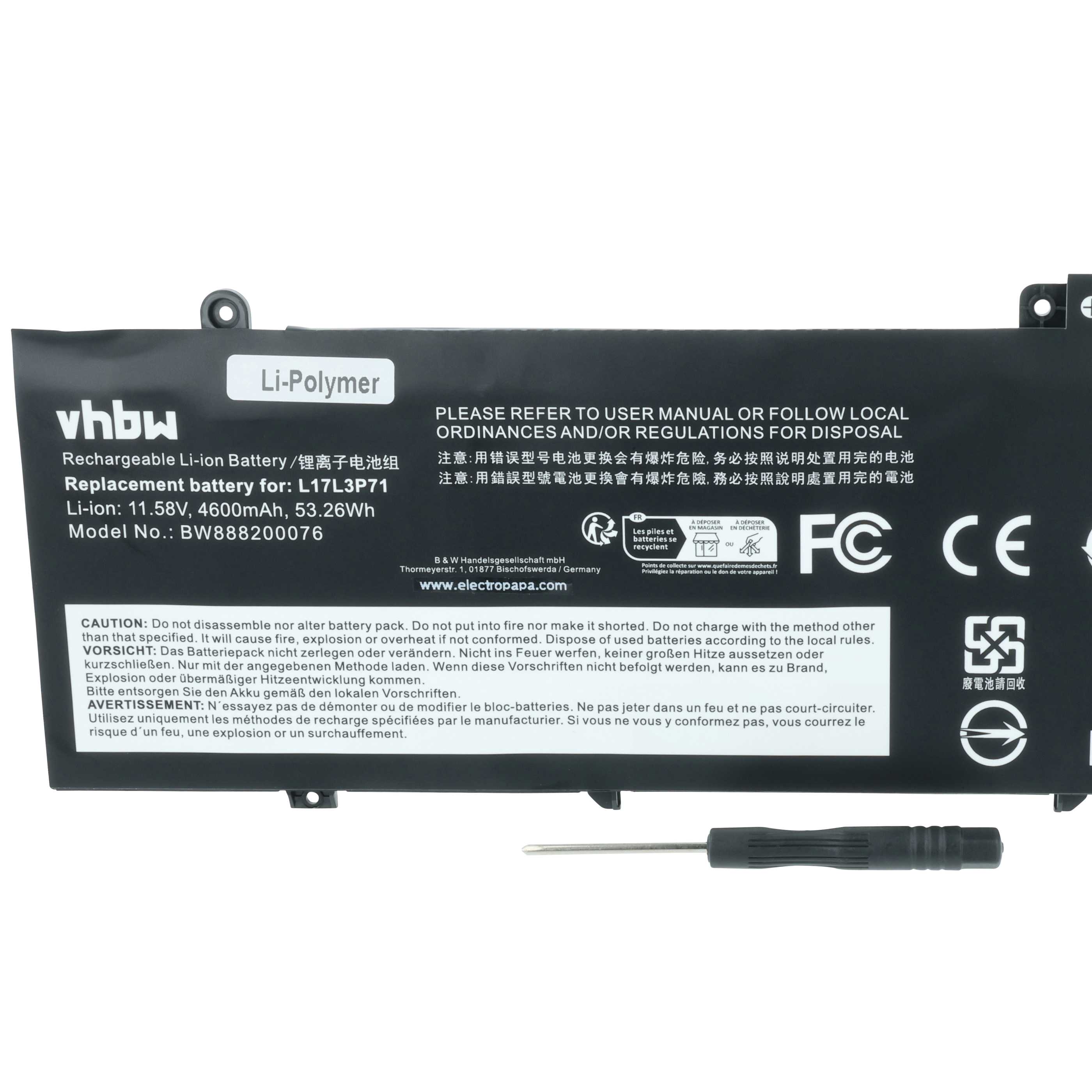 Batteria sostituisce Lenovo 01AV478, L17L3P71, 01AV479, 01AV480 per notebook - 4600mAh 11,58V Li-Poly