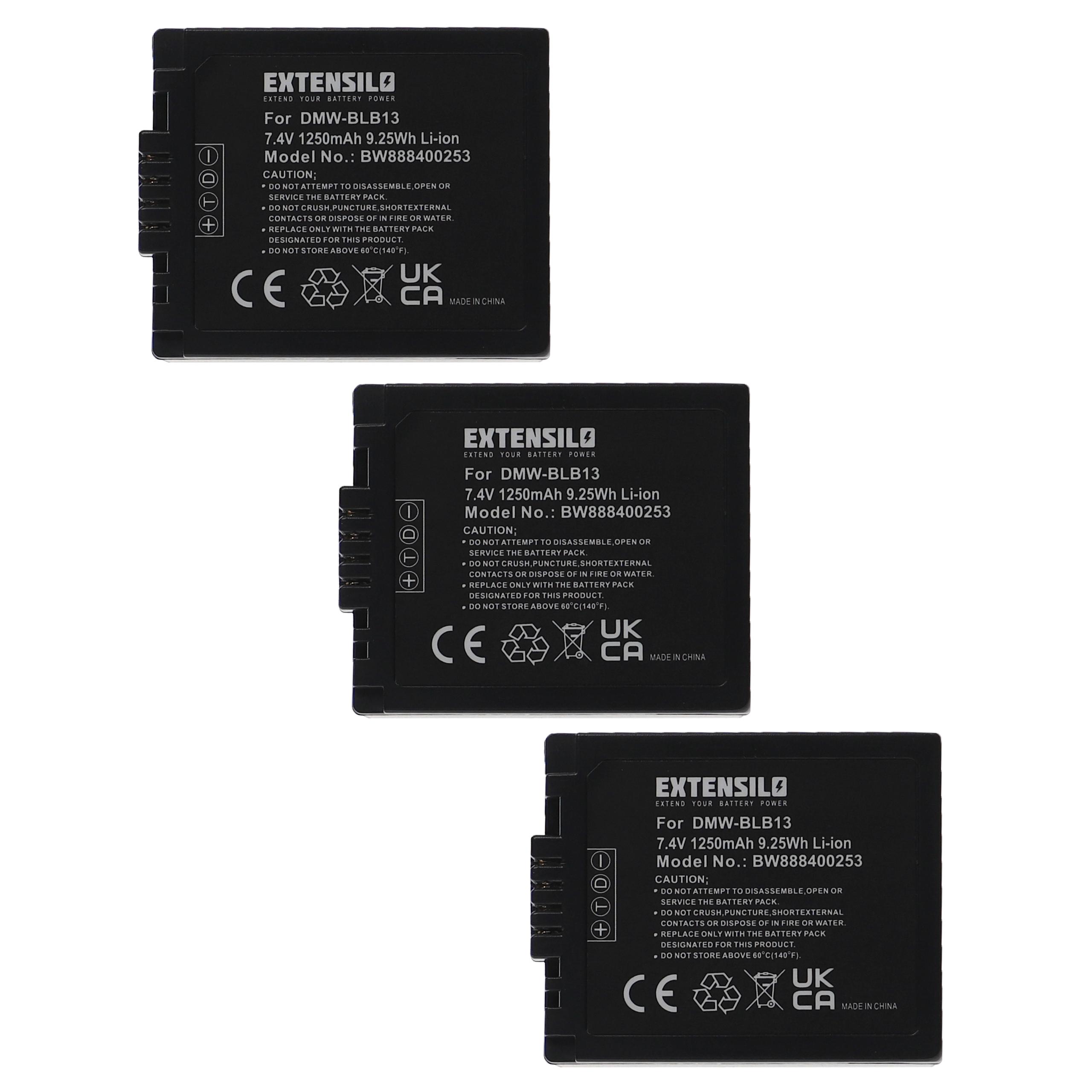 3x Battery replaces Panasonic DMW-BLB13, DMW-BLB13E, DMW-BLB13GK, DMW-BLB13PP - 1250mAh, 7.4V, Li-Ion