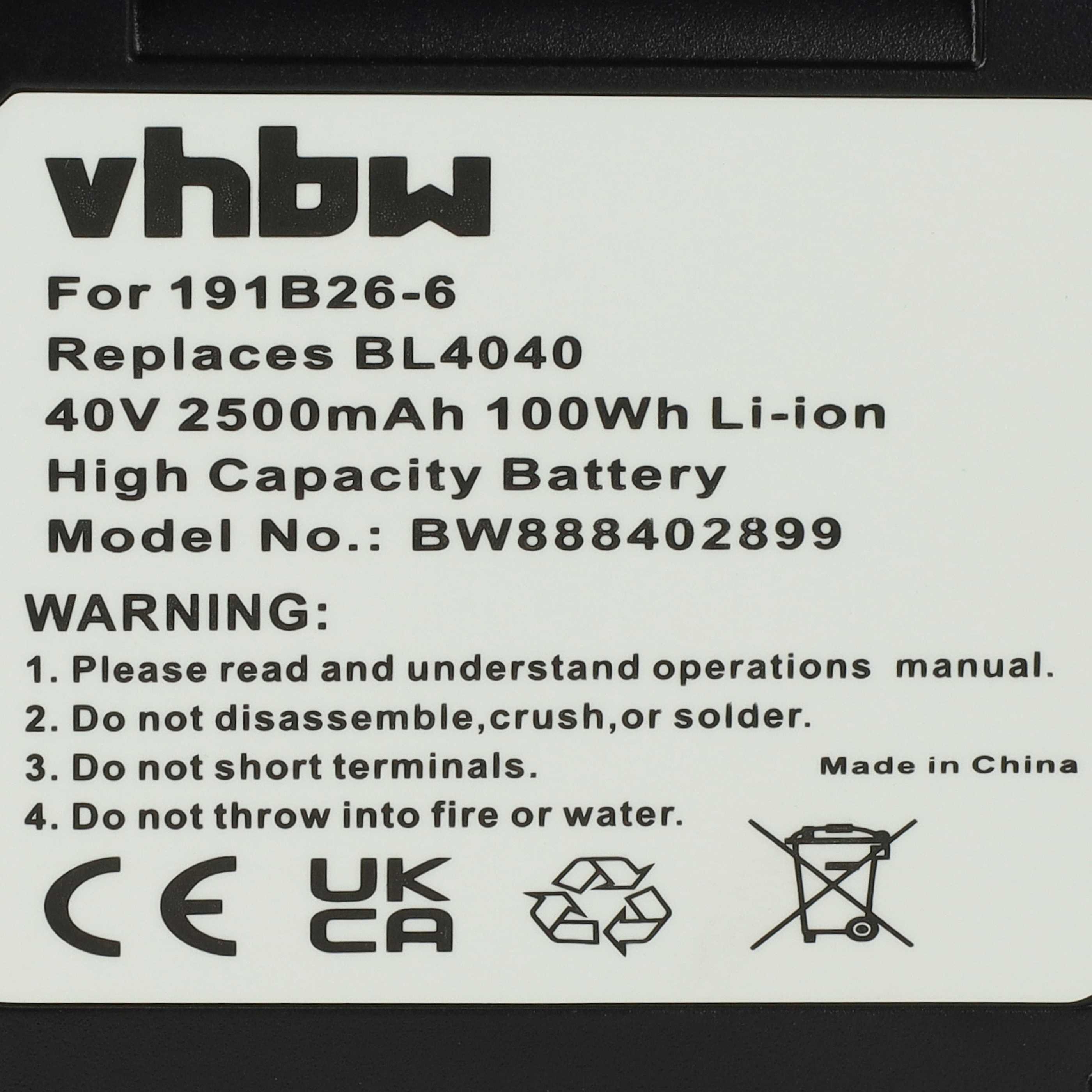 3x Battery replaces Makita 191X65-8, 191B36-3, 191B26-6, 191L29-0 Electric Power Tool - 2500 mAh, 40 V, Li-Ion