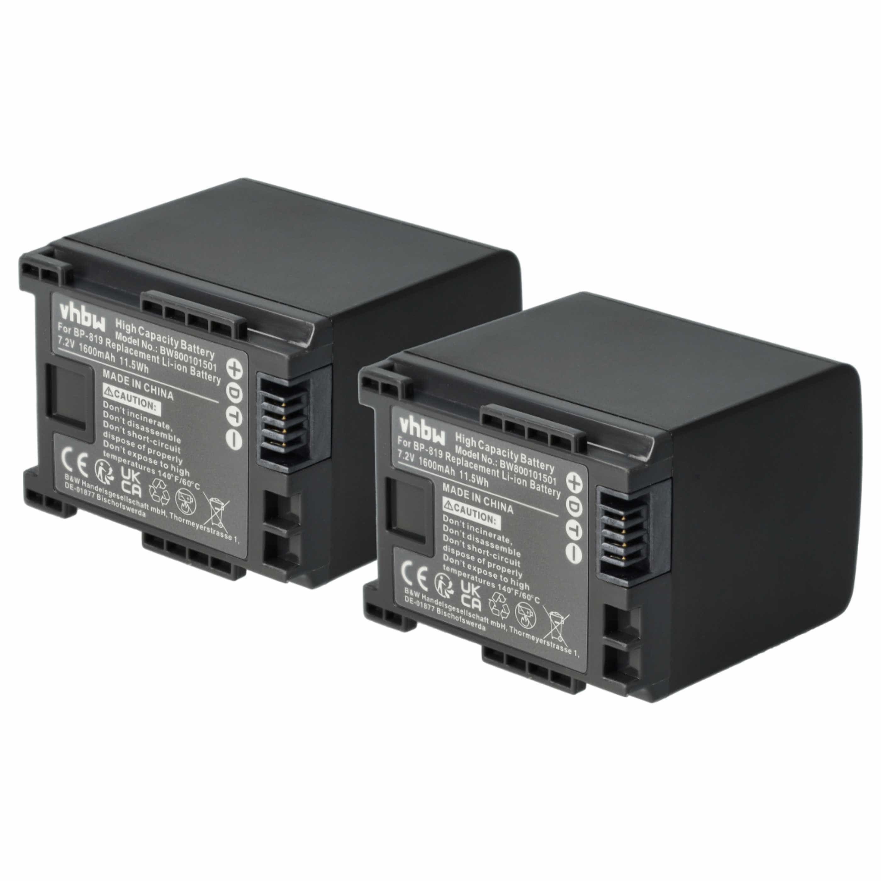Videocamera 2x Battery replaces Canon 2740B002, BP-819 - 1600 mAh 7.2 V Li-Ion