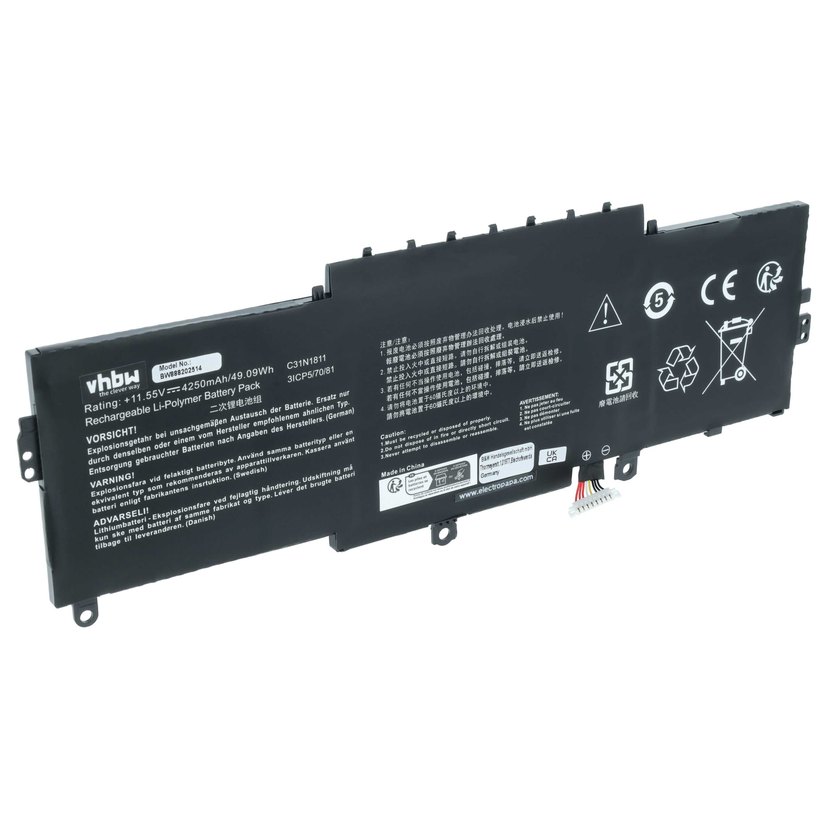 Batteria sostituisce Asus C31N1811, 0B200-03080000 per notebook - 4250mAh 11,55V Li-Poly