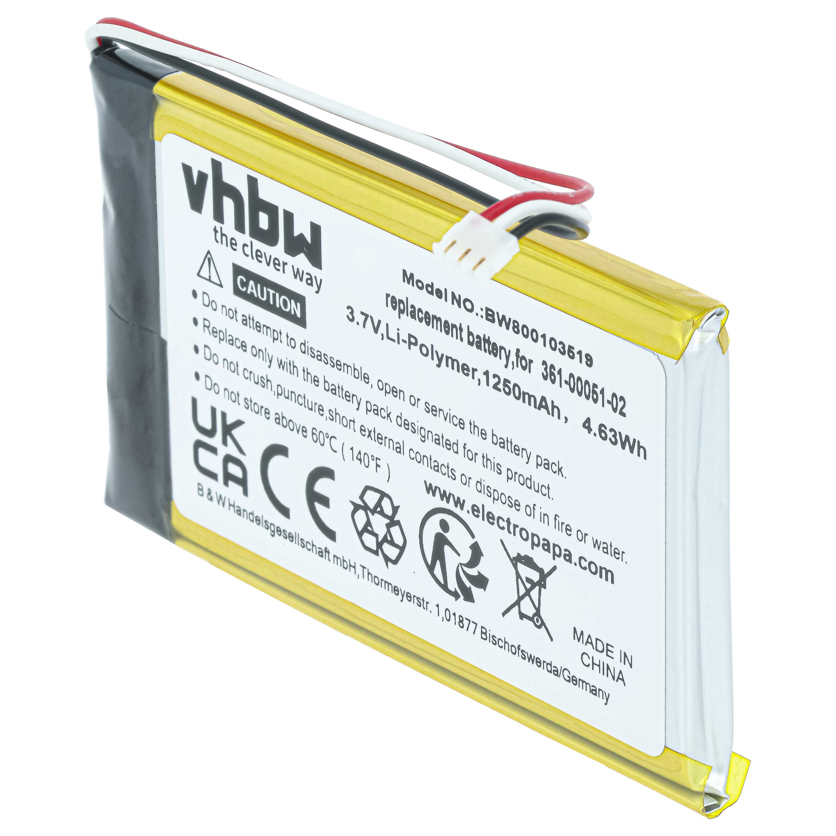 Batteria sostituisce Garmin 361-00051-02, 361-00051-01, 361-00051-00 per navigatore - 1250mAh 3,7V Li-Poly