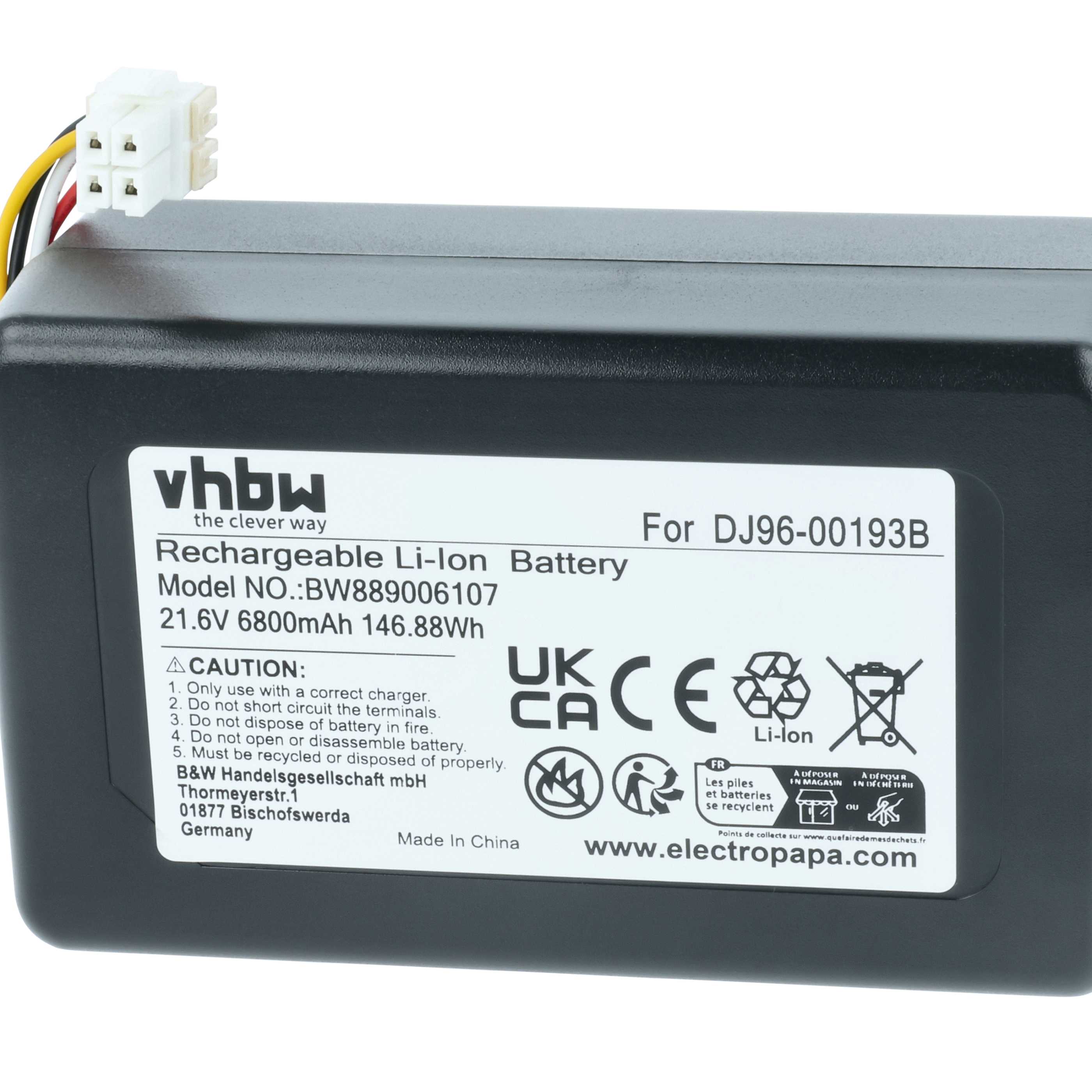 Battery replaces Samsung DJ96-00193F, DJ96-00193B, DJ68-00741V-00, VCA-RBT72 for Samsung 6800mAh, 21.6V, Li-Ion