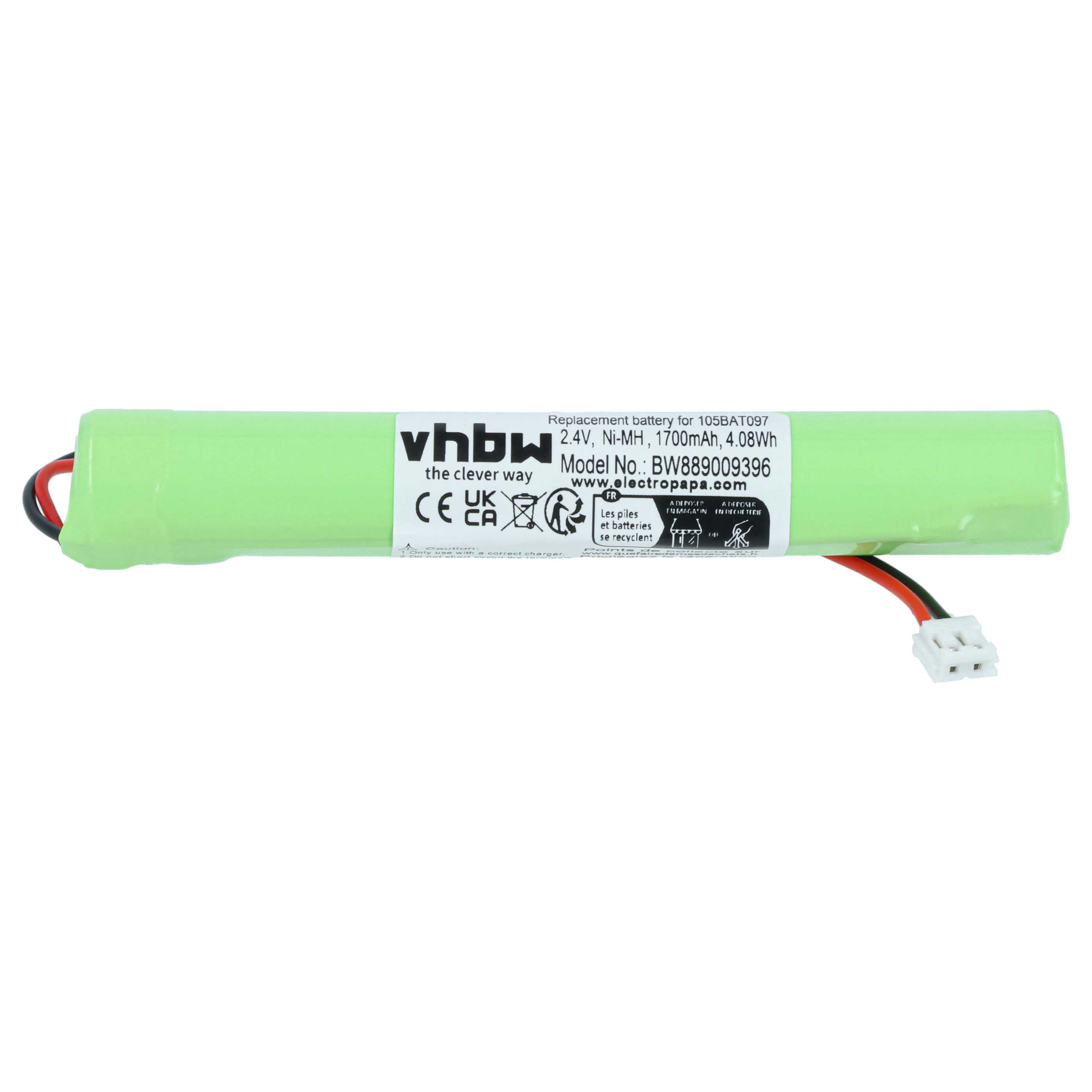 Emergency Light Battery replaces Kaufel 105BAT091 (Ni-Cd), 105BAT097 - 1700 mAh 2.4 V NiMH + cable