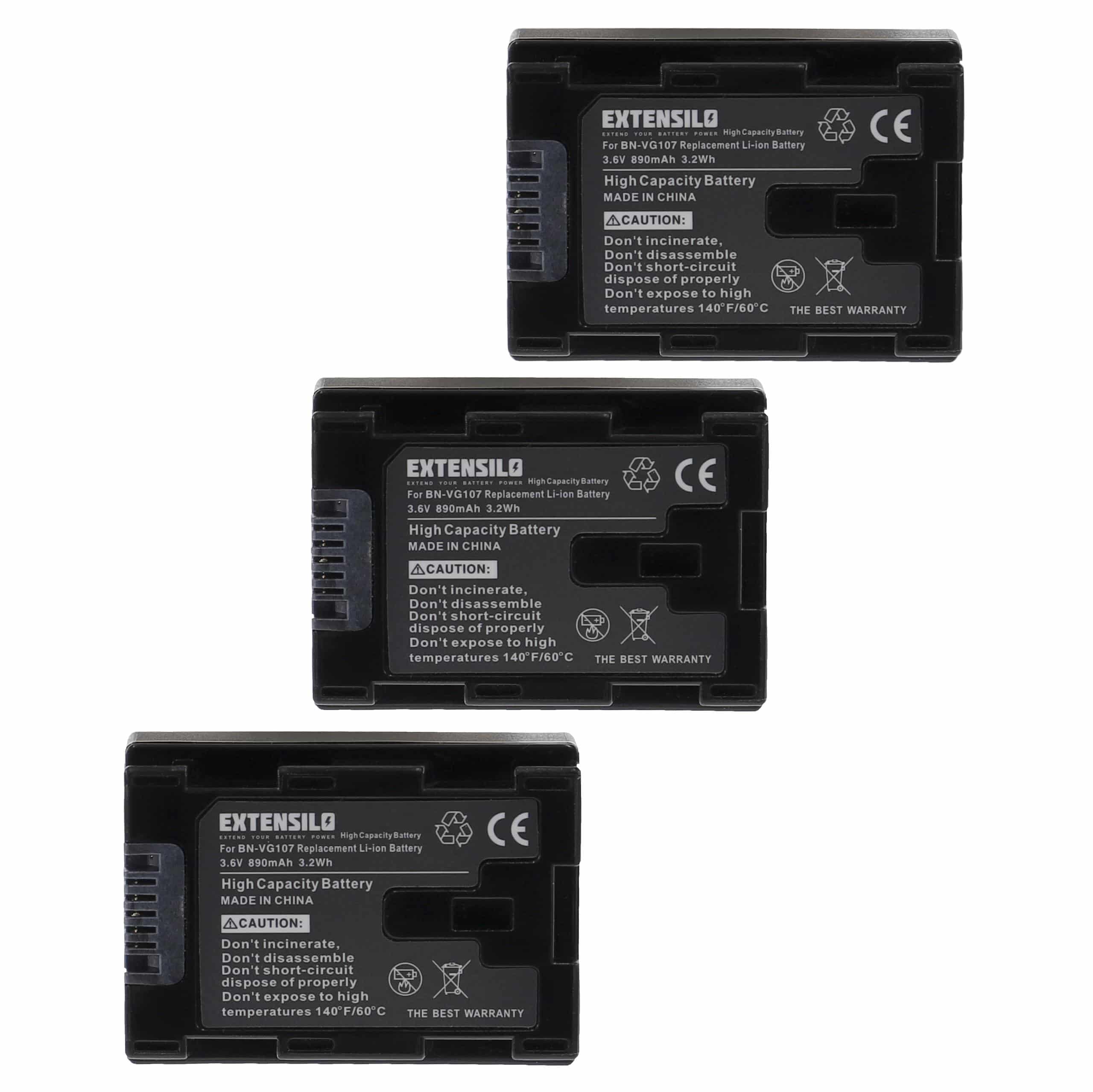 3x Battery replaces JVC BN-VG107E, BN-VG107U, BN-VG107, BN-VG108E, BN-VG107US, BN-VG108 - 890mAh, 3.6V, Li-Ion