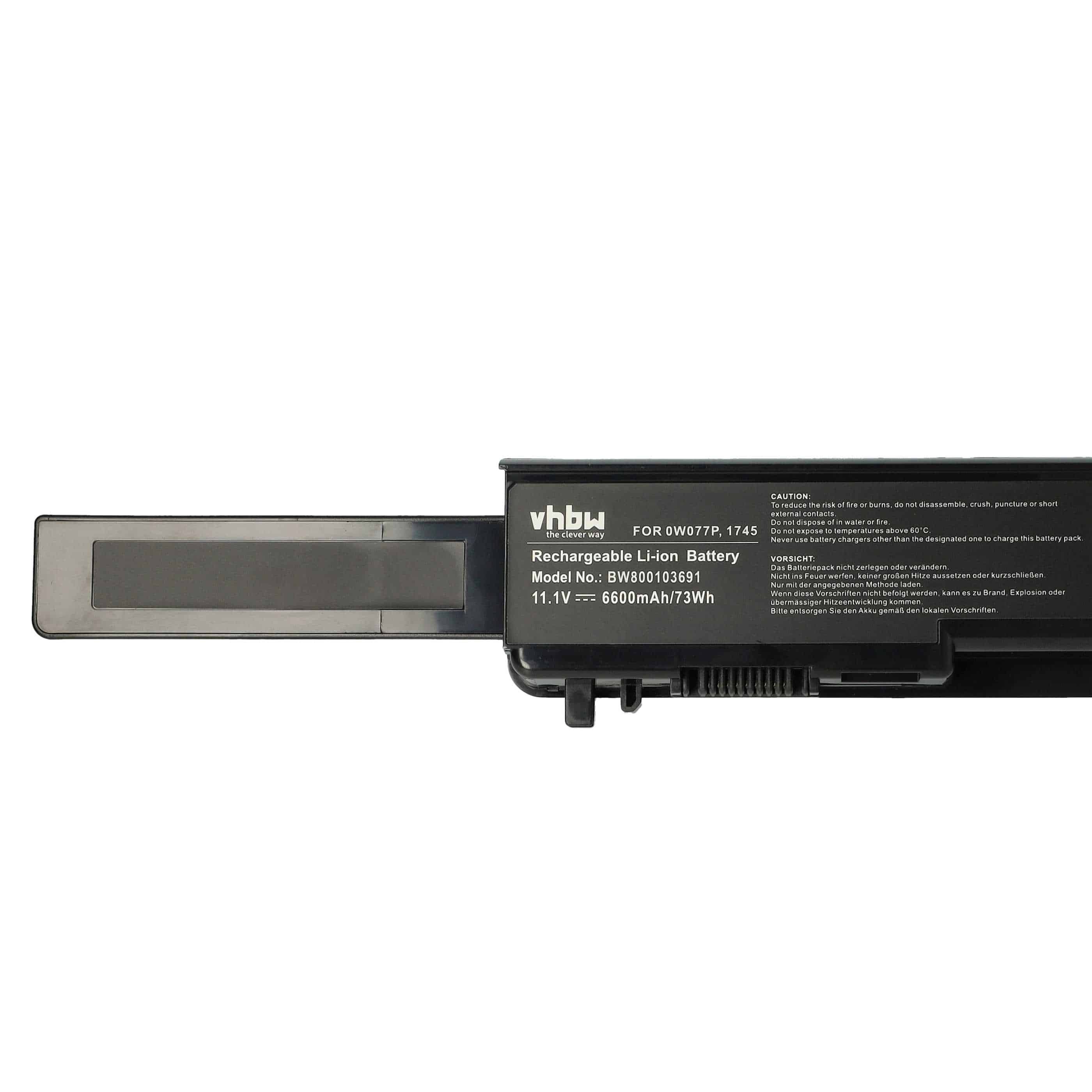 Batería reemplaza Dell 312-0196, 0W077P, A3582354, 312-0186 para notebook Dell - 6600 mAh 11,1 V Li-Ion negro