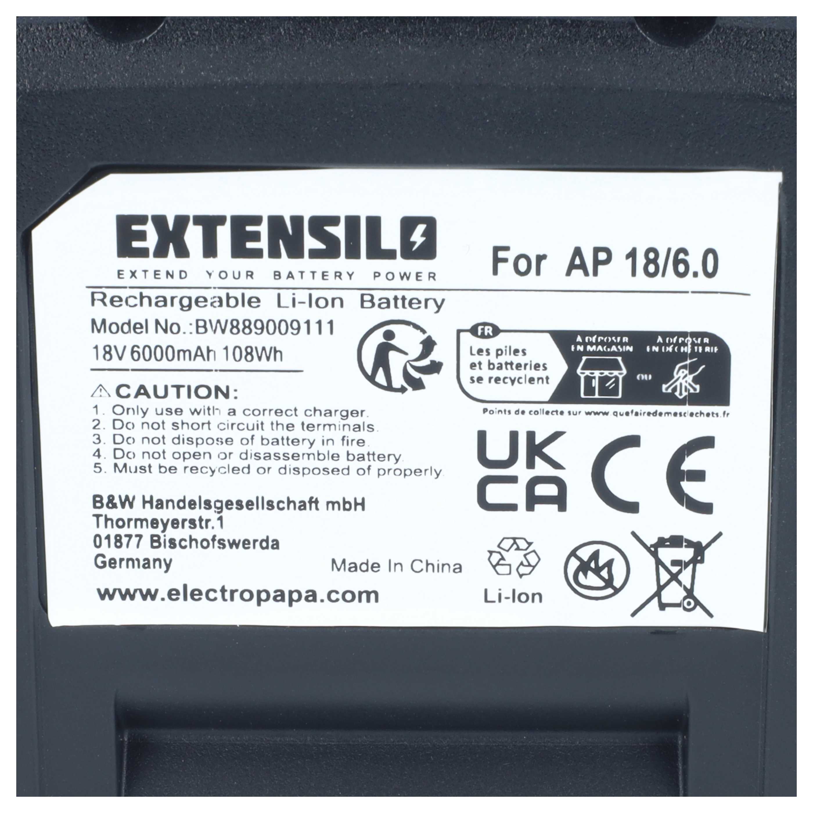 Battery suitable for Flex AP18/6.0 Electric Power Tool - 6000 mAh, 18 V, Li-Ion