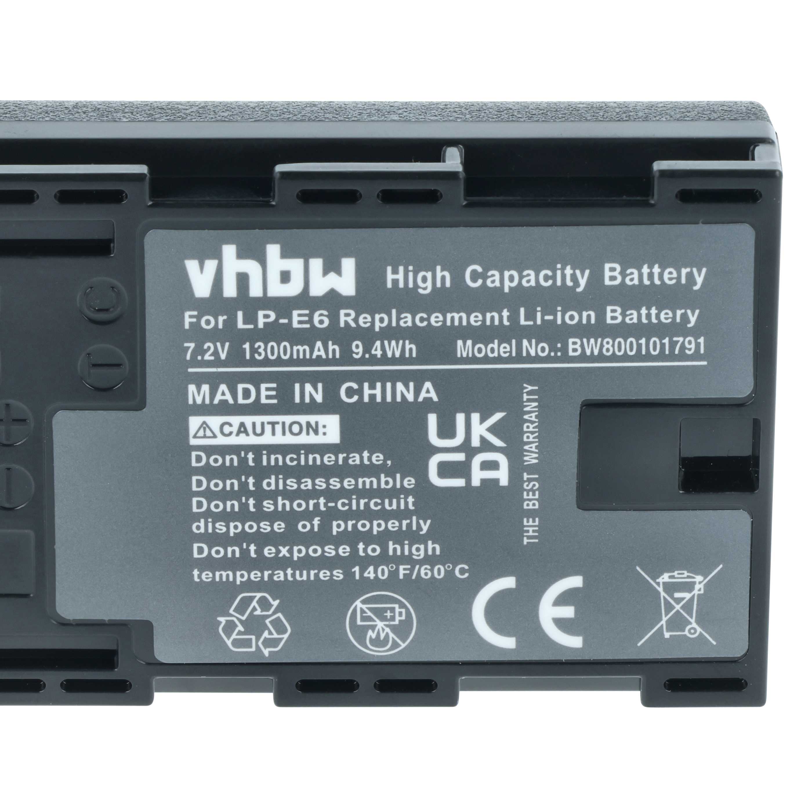 Batteria sostituisce Canon LP-E6 per fotocamera - 1300mAh 7,4V Li-Ion + chip