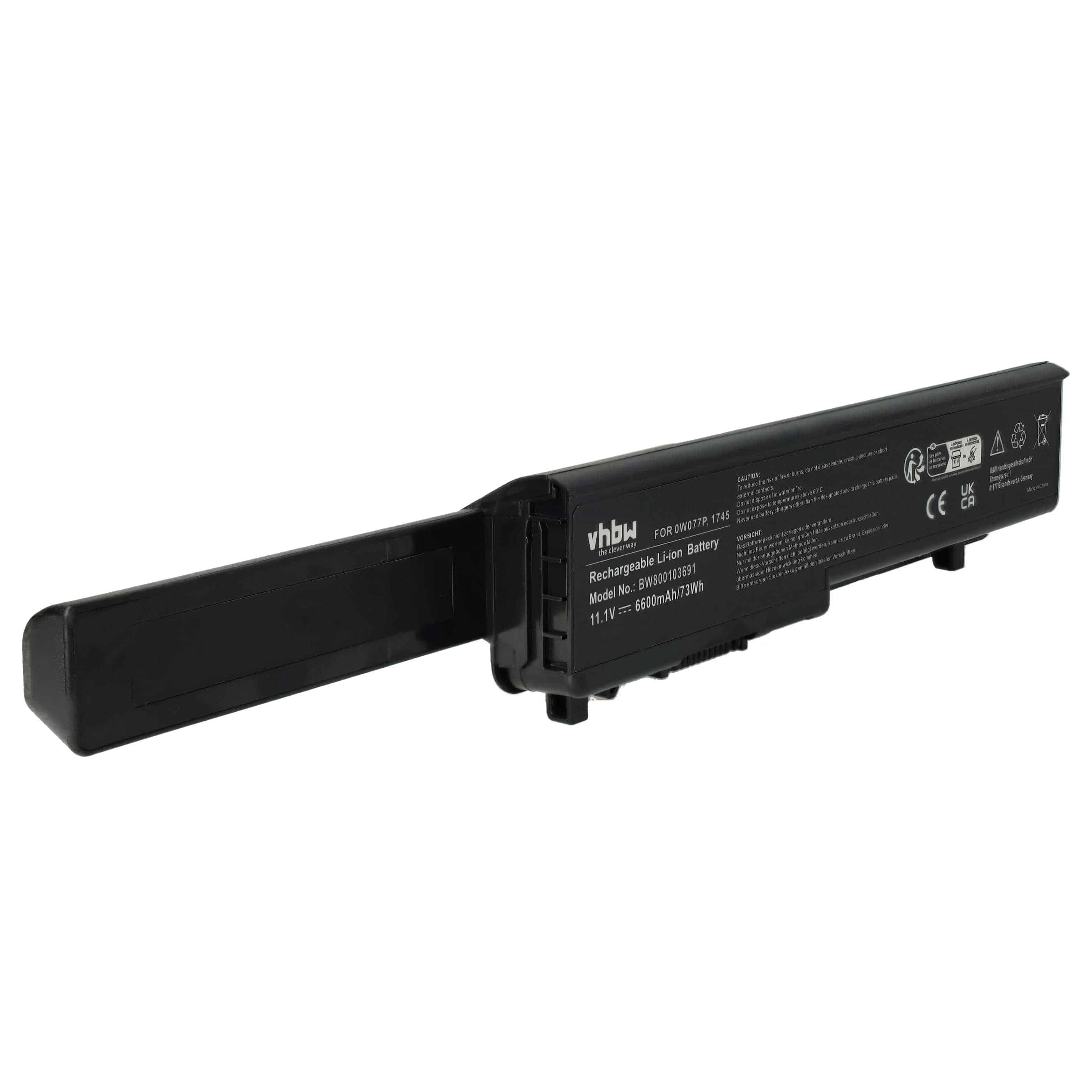 Batterie remplace Dell 312-0196, 312-0186, 0W077P pour ordinateur portable - 6600mAh 11,1V Li-ion, noir