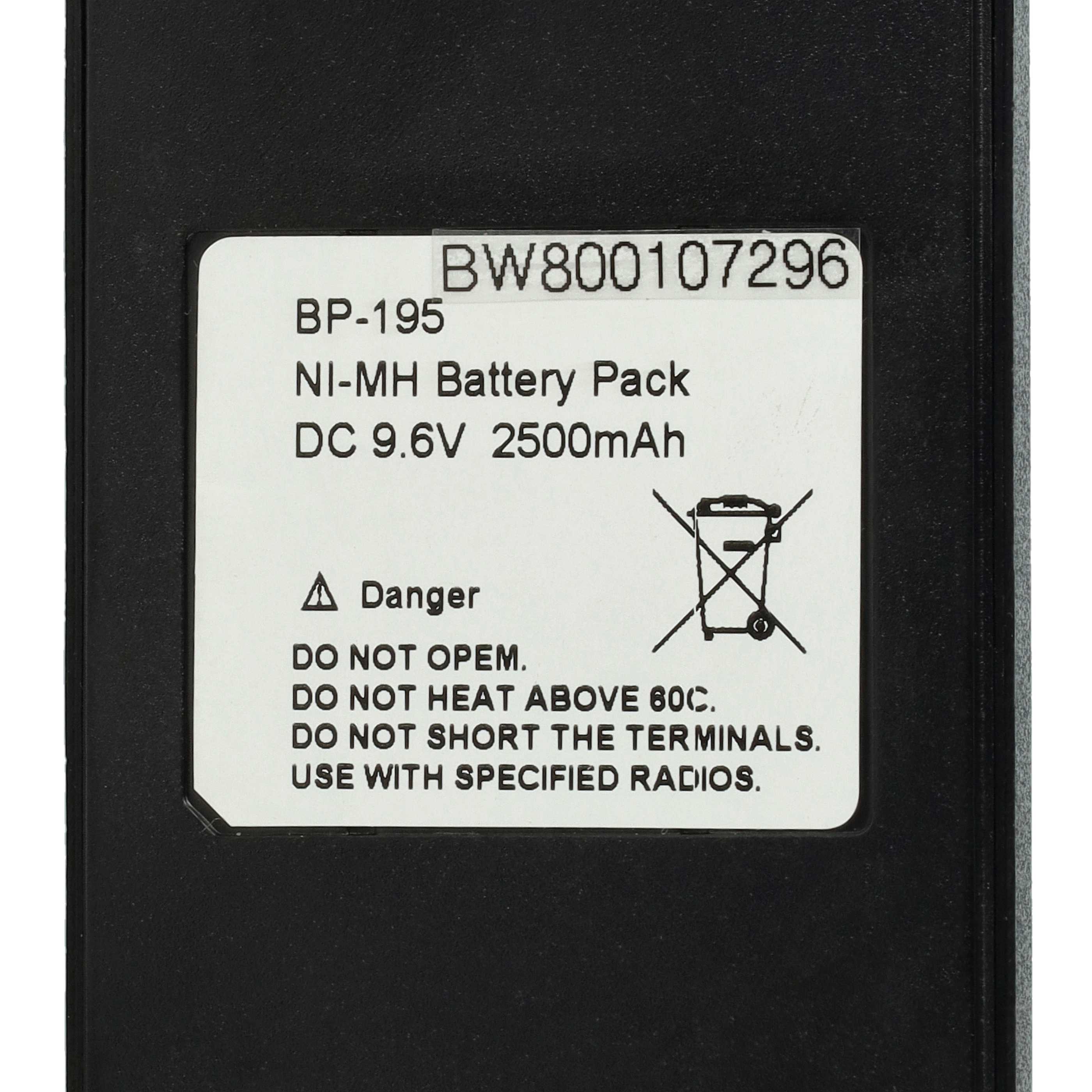 Batería reemplaza Icom BP-195, BP-196H, BP-196 para radio, walkie-talkie Icom - 2500 mAh 9,6 V NiMH con clip
