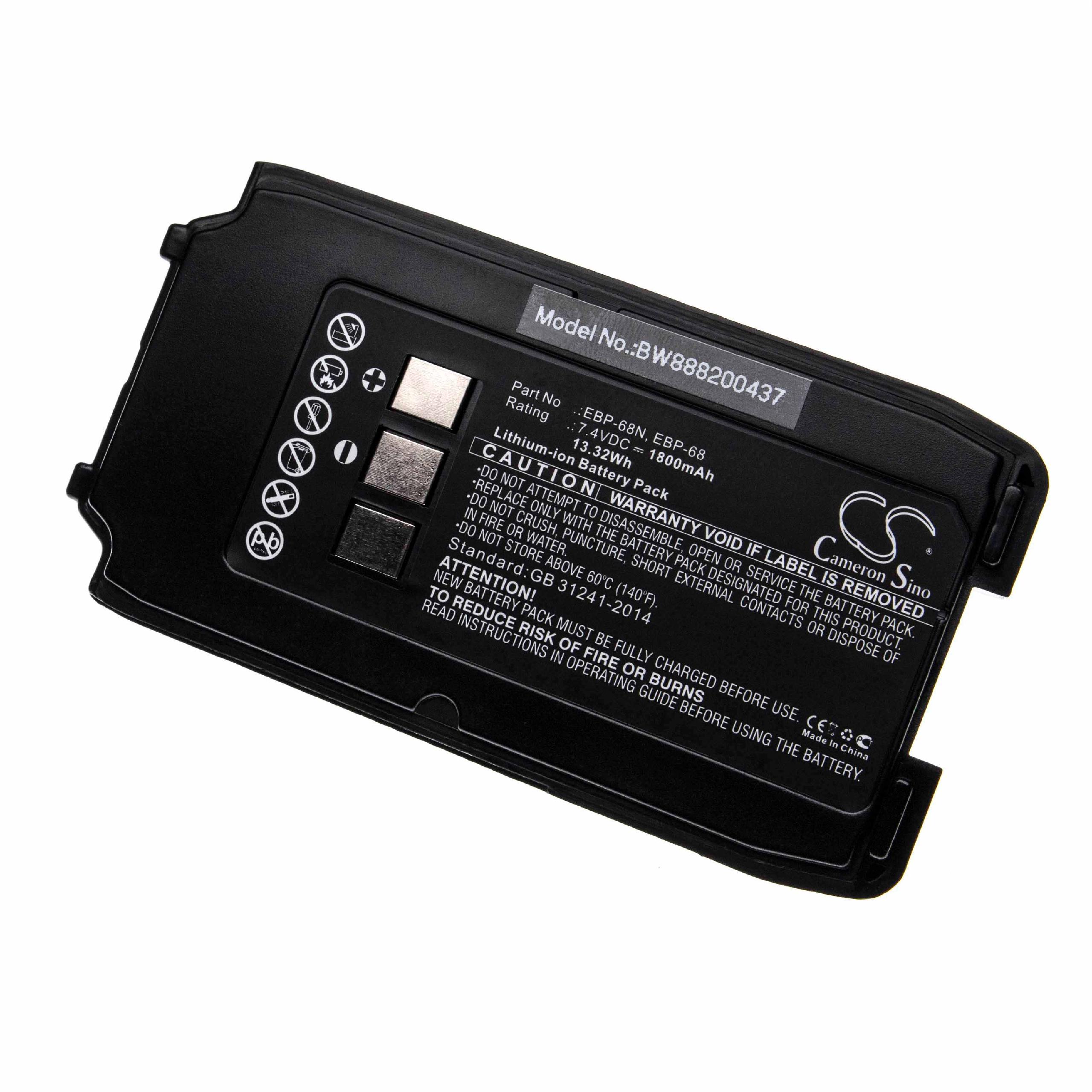 Batería reemplaza Alinco EBP-68, EBP-68N para radio, walkie-talkie Alinco - 1800 mAh 7,4 V Li-Ion con clip
