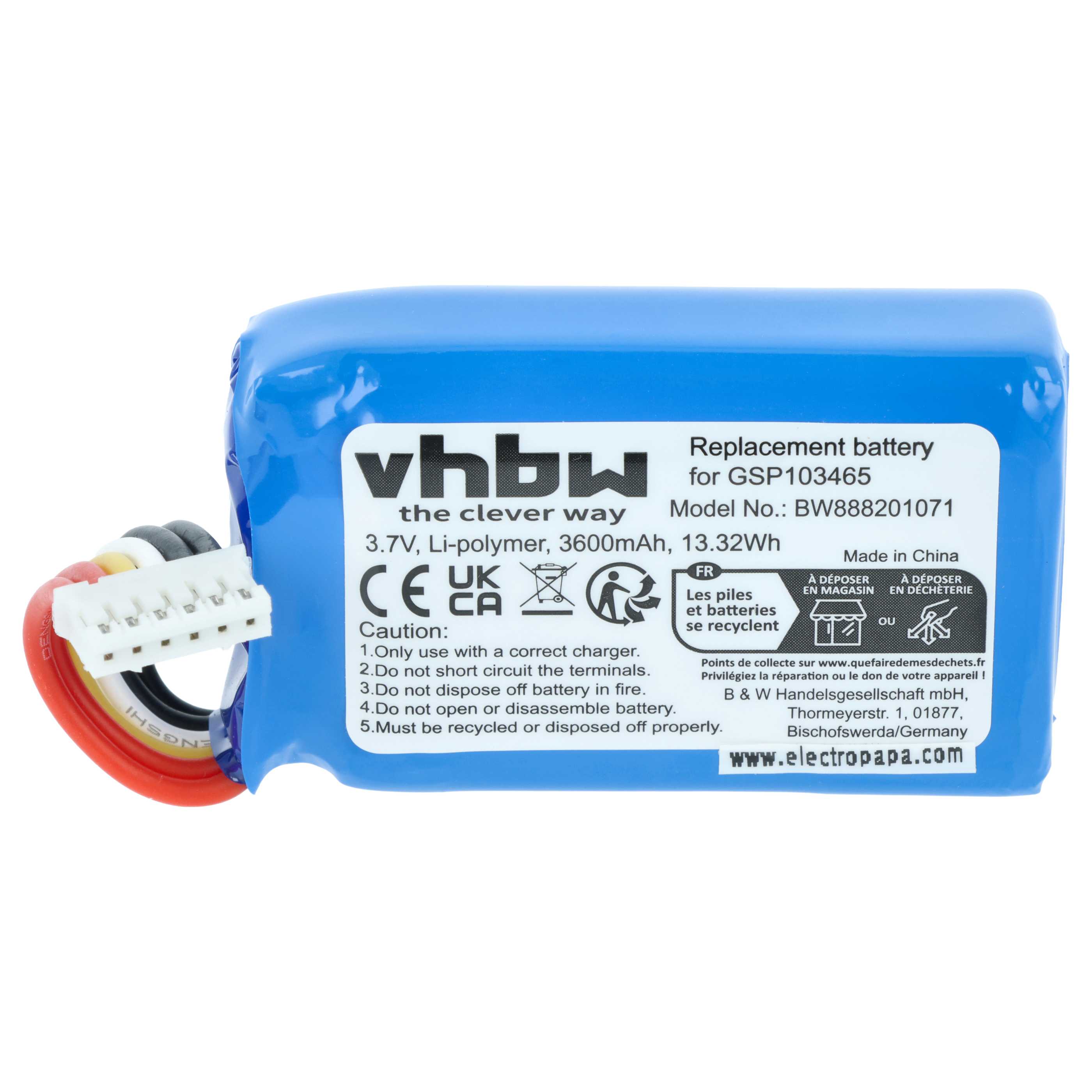 Batteria sostituisce JBL GSP103465 per altoparlanti - 3600mAh 3,7V Li-Poly
