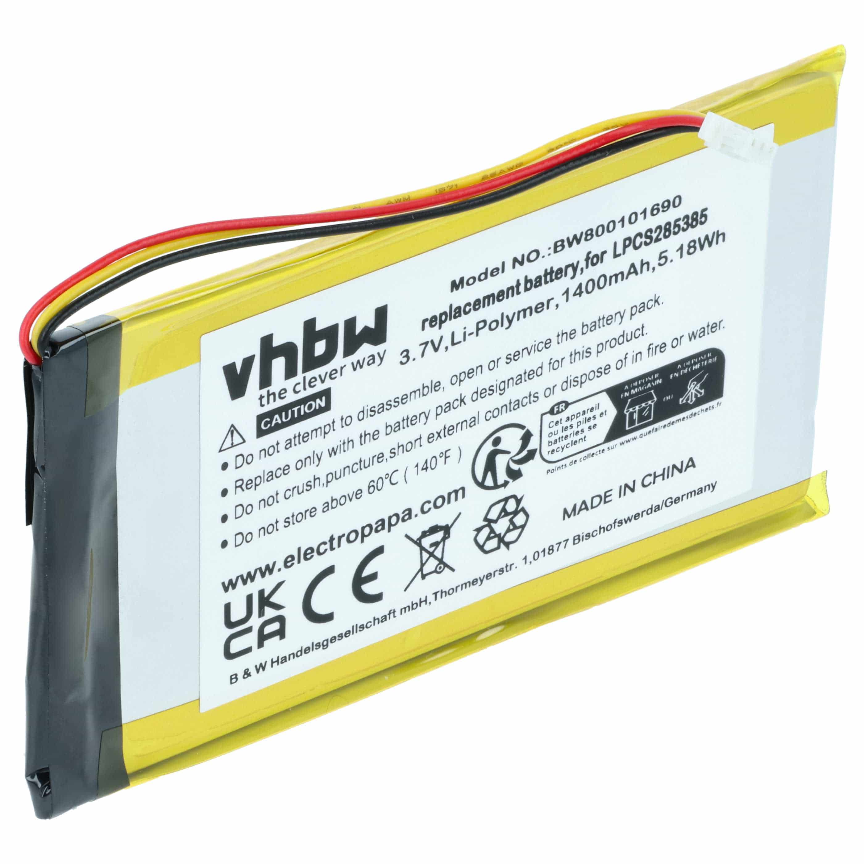 MP3-Player Battery replaces Creative Labs LPCS285385, BA20603R79914, DVP-HD0003 - 1400 mAh 3.7 V Li-Ion