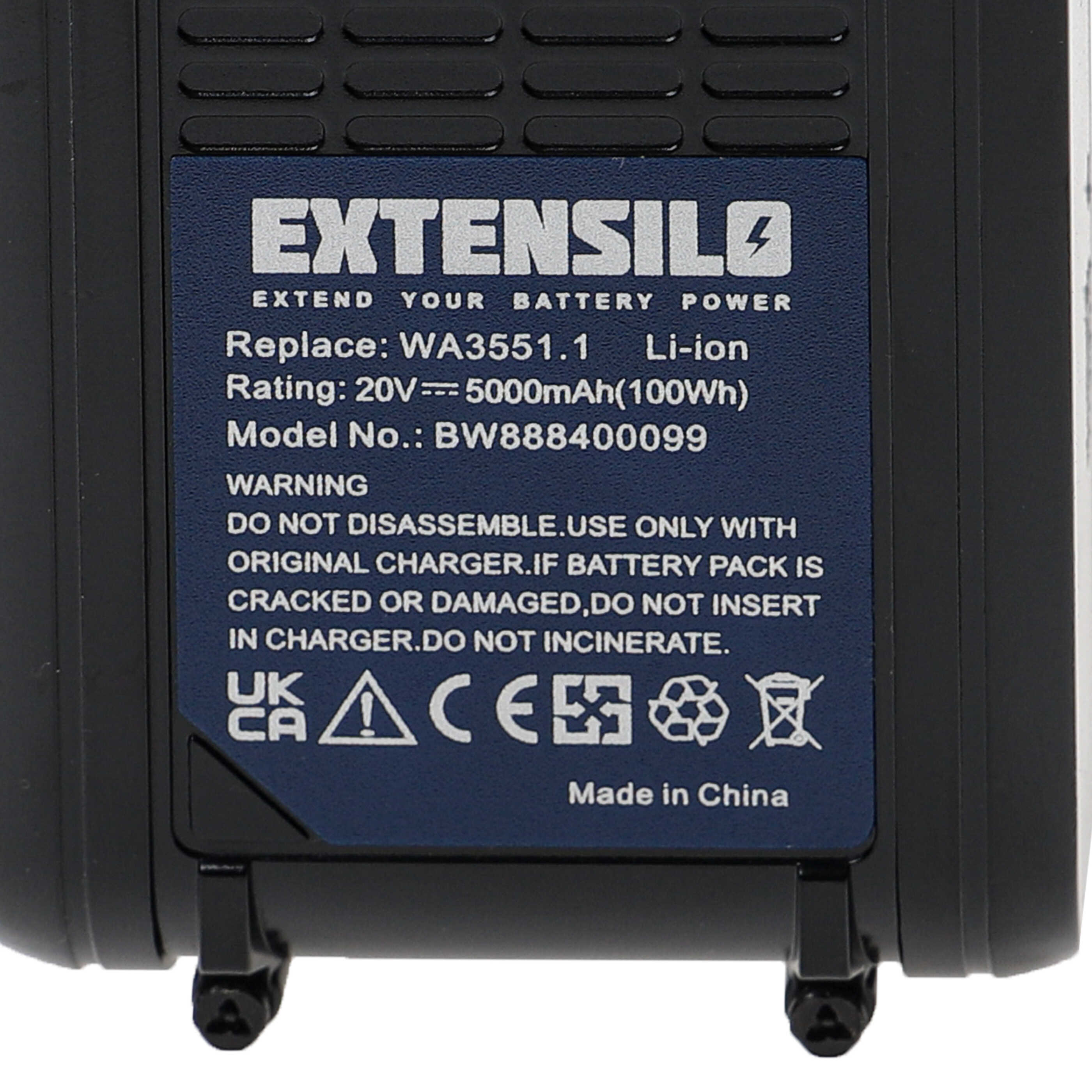 Batería reemplaza Rockwell RW9351.1 para herramienta - 5000 mAh, 20 V, Li-Ion
