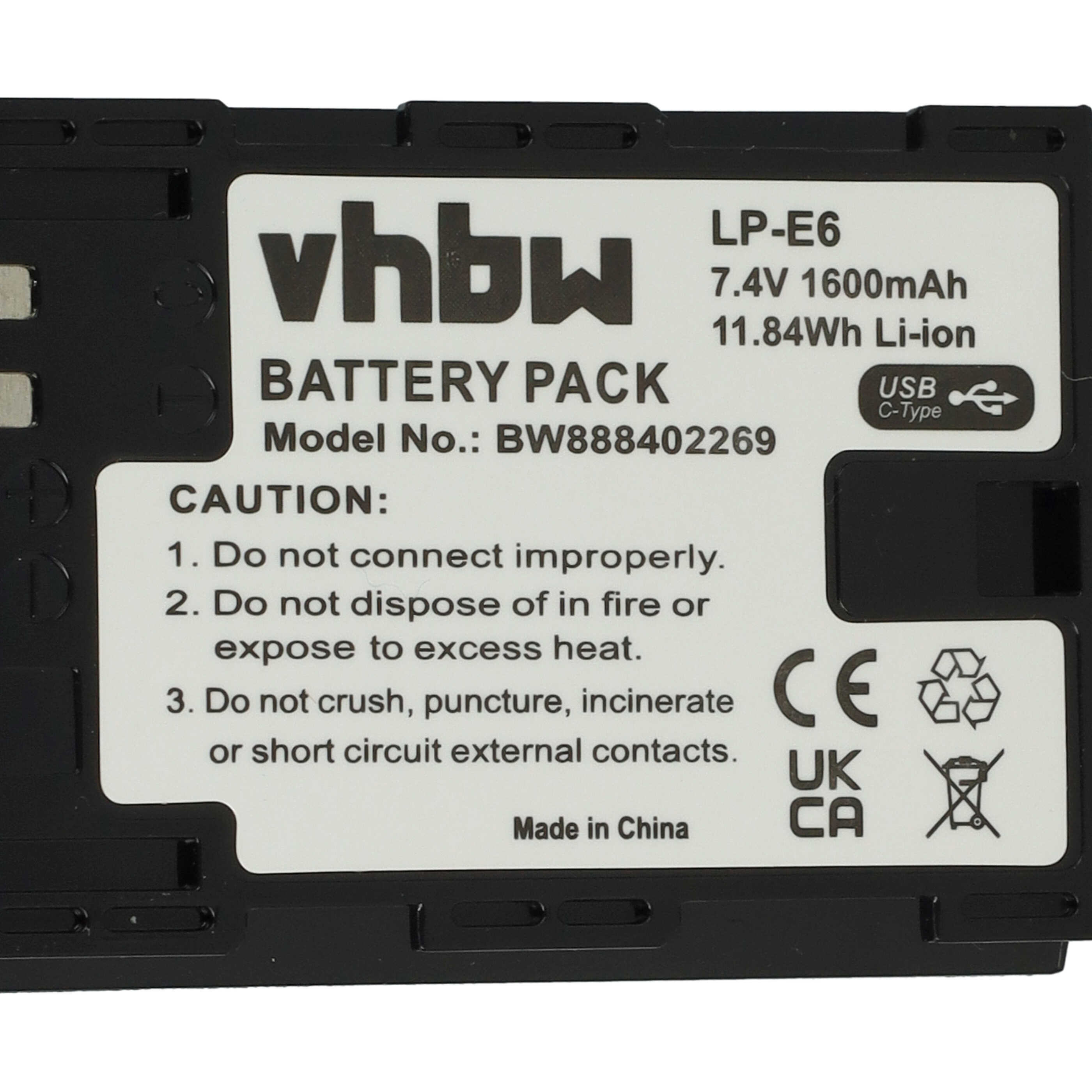 Batterie remplace Canon LP-E6 pour appareil photo - 1600mAh 7,4V Li-ion - USB-C