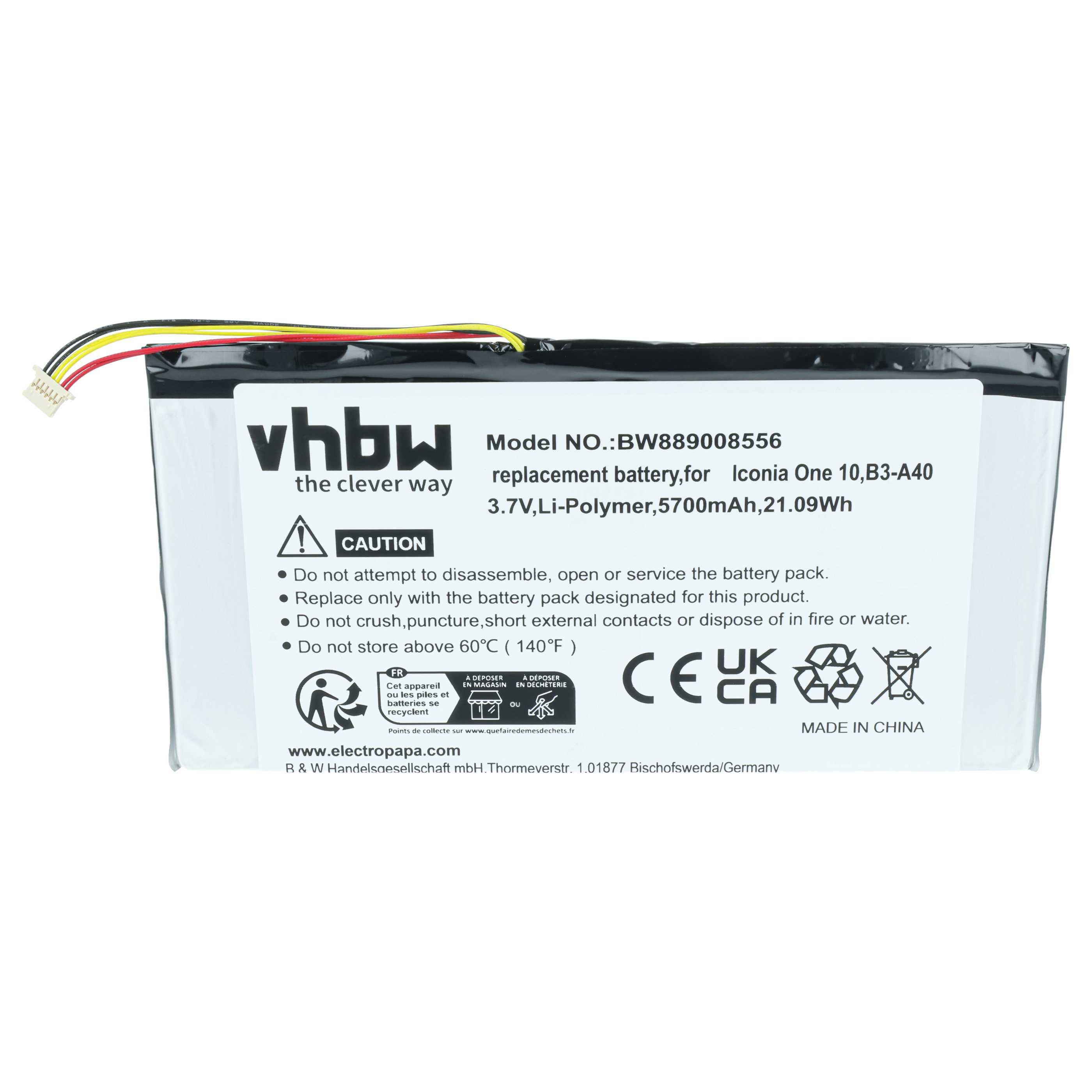 Tablet Battery replaces Acer PR-279594N(1ICP3/95/94-2), PR-279594N - 5700 mAh 3.7 V Li-polymer